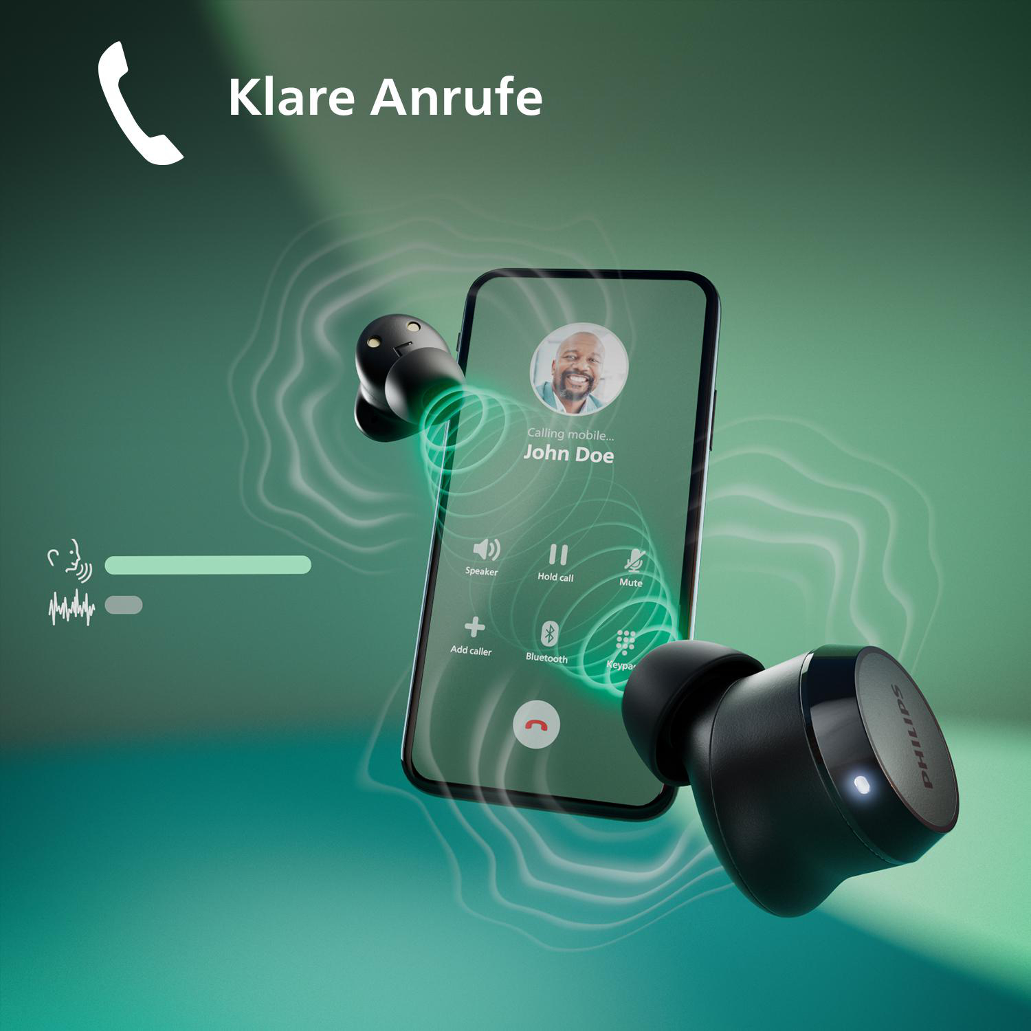 Schwarze Ohrhörer und ein Smartphone, das eine Anrufoberfläche anzeigt.
