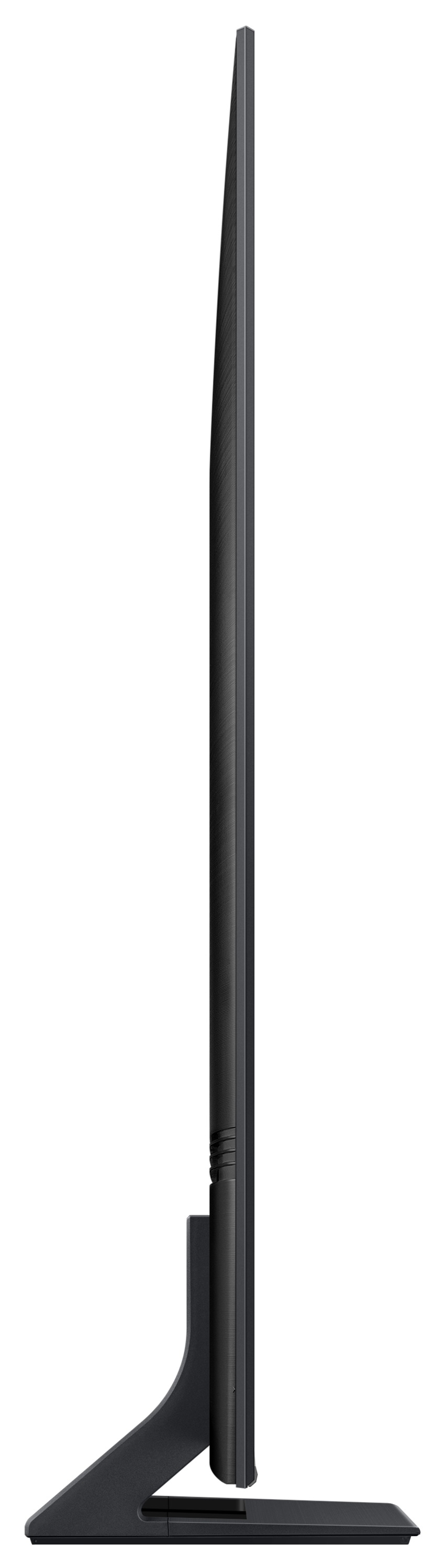 Widok z boku czarnego telewizora. Ma cienką ramkę i stoi na podstawie.