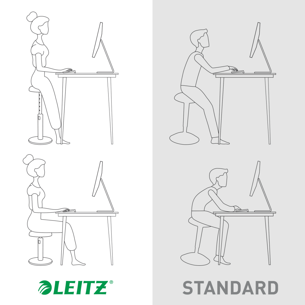 Vonalrajzok, melyek embereket mutatnak különböző ergonómiai helyzetekben számítógépes asztaloknál.