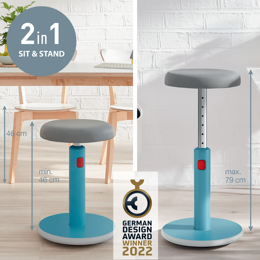 Két állítható ülőke. Az egyik 46 cm, a másik 79 cm. Mindkettő kék, szürke, és piros állítókarral rendelkezik.