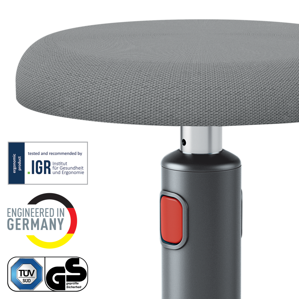 Szürke ülőke kerek üléssel, piros állítókarral, ergonomikus logókkal.