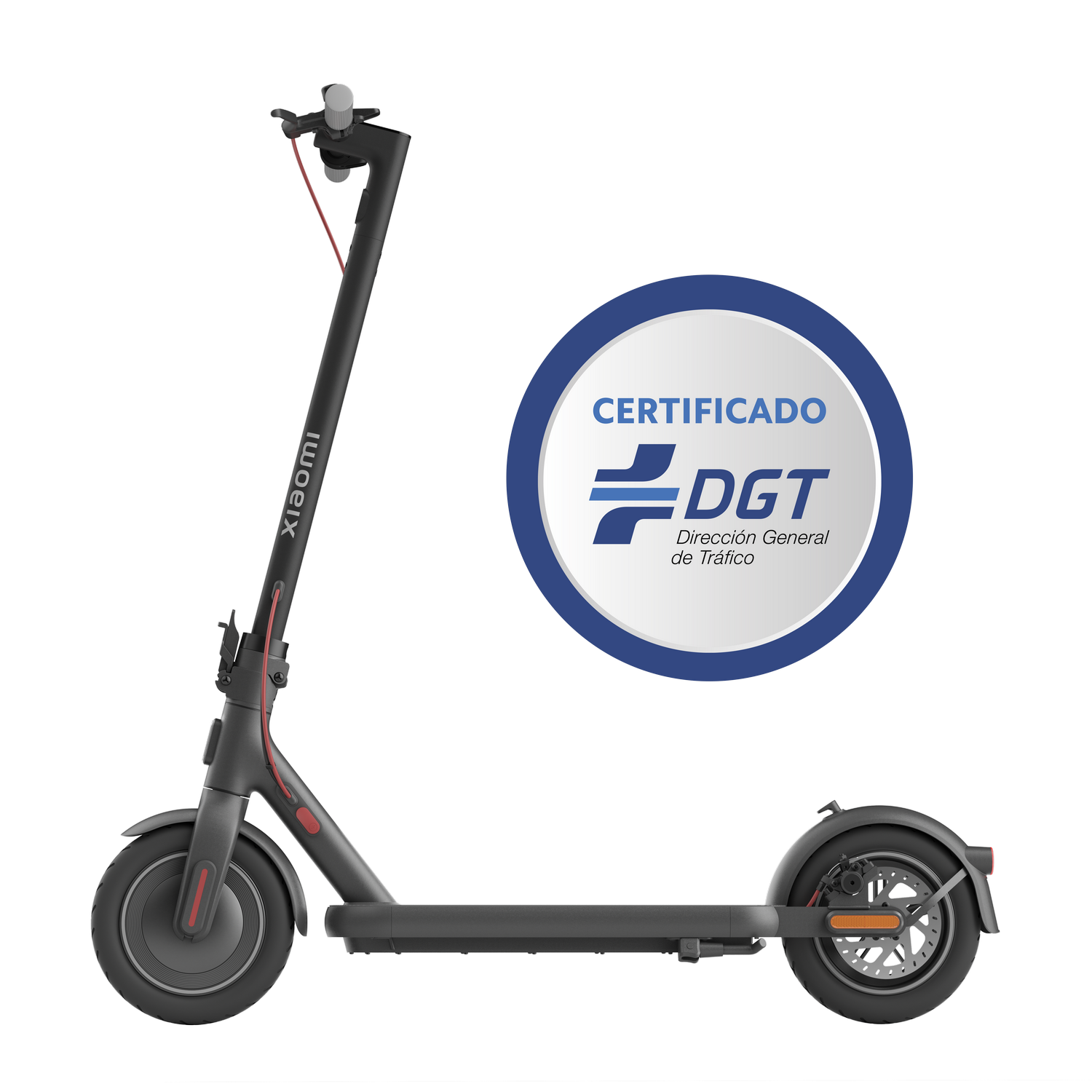 Patinete eléctrico negro, vista lateral, con un certificado DGT en el fondo.