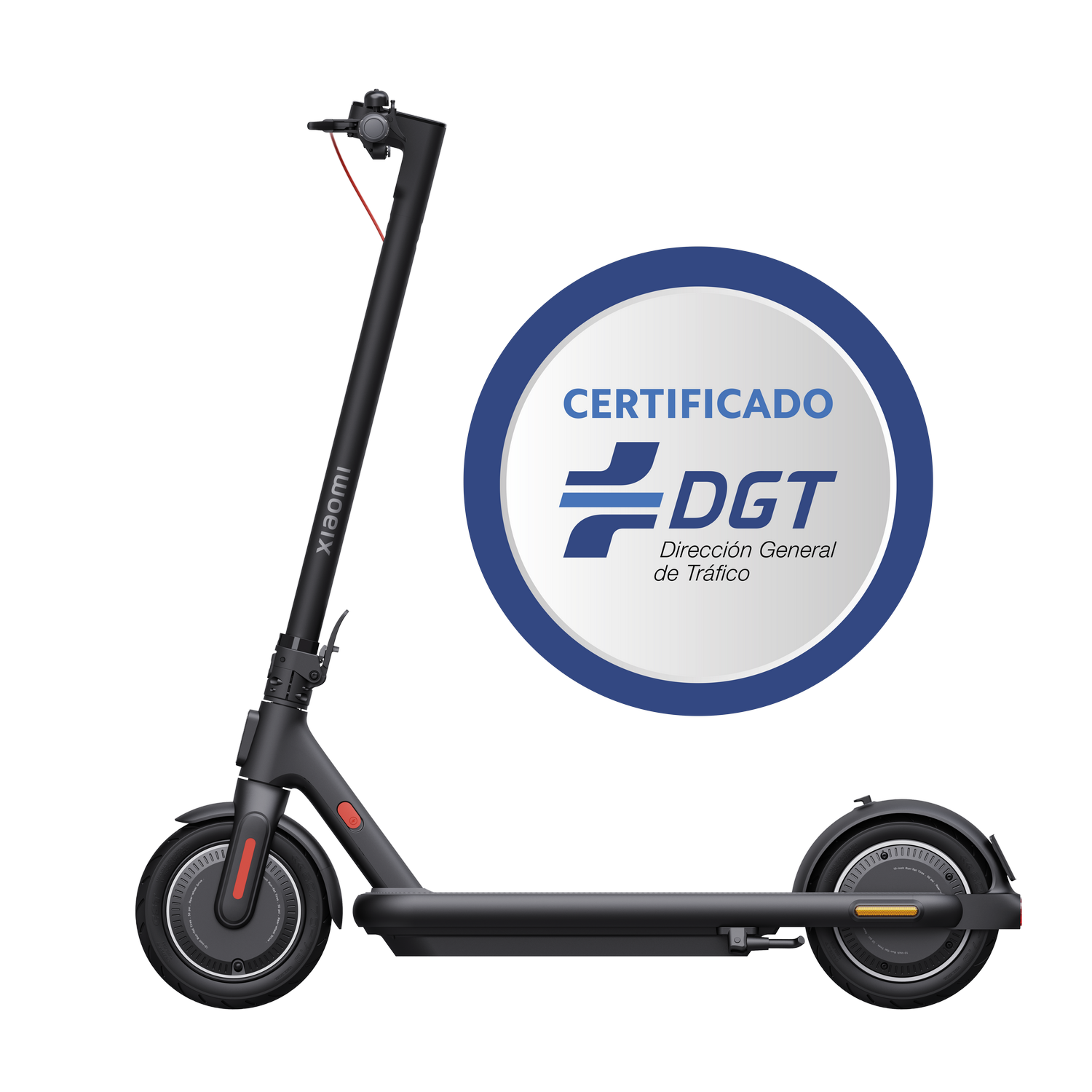Scooter eléctrico Xiaomi negro con certificado DGT. Tiene detalles rojos y fondo gris.