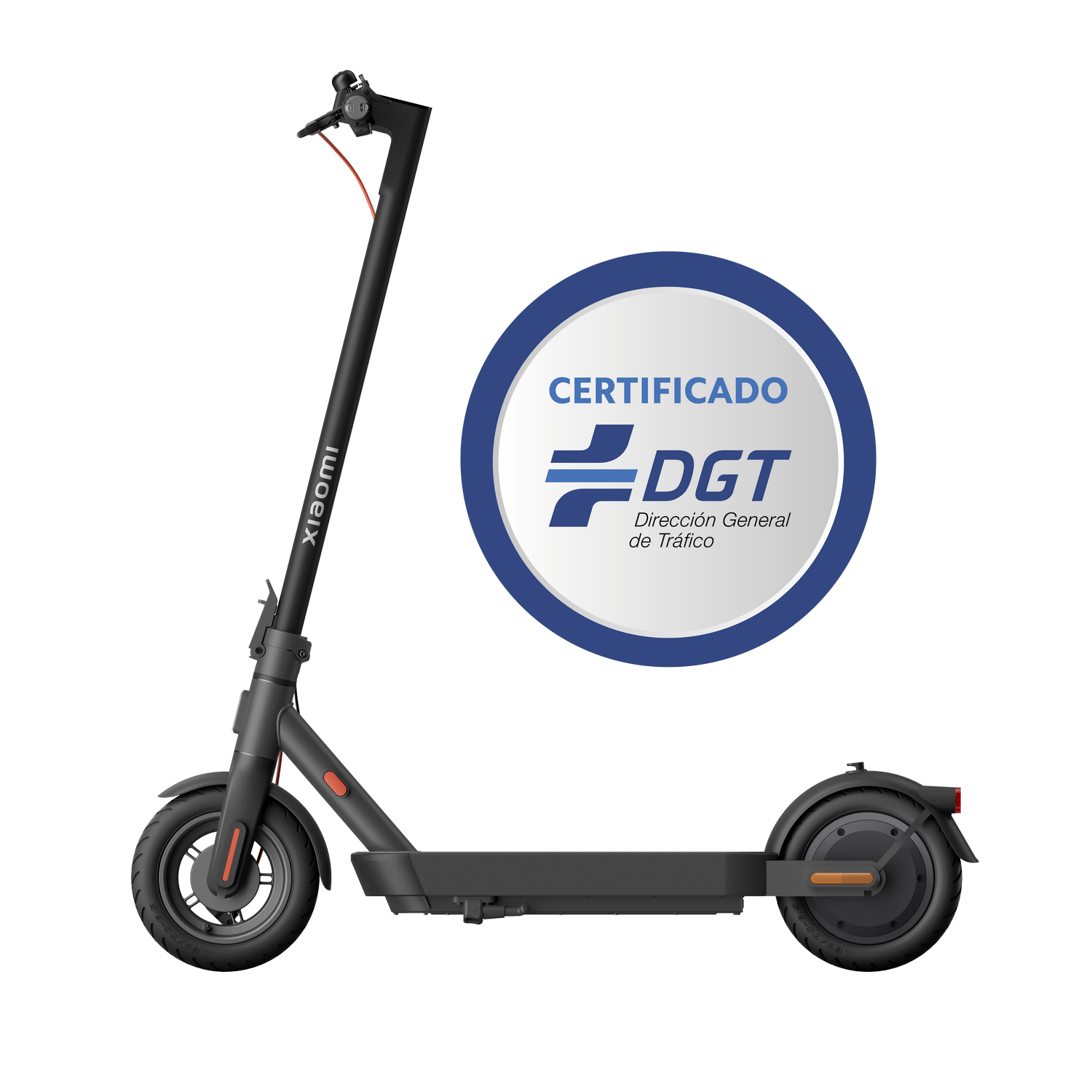 Patinete eléctrico Xiaomi negro con certificado DGT azul. Acentos negros y naranjas, sobre un fondo negro.