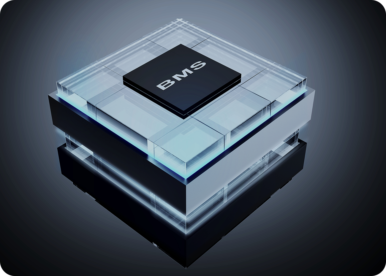 Ein klarer Würfel mit einem schwarzen BMS-Chip oben, mit dunklem Hintergrund.