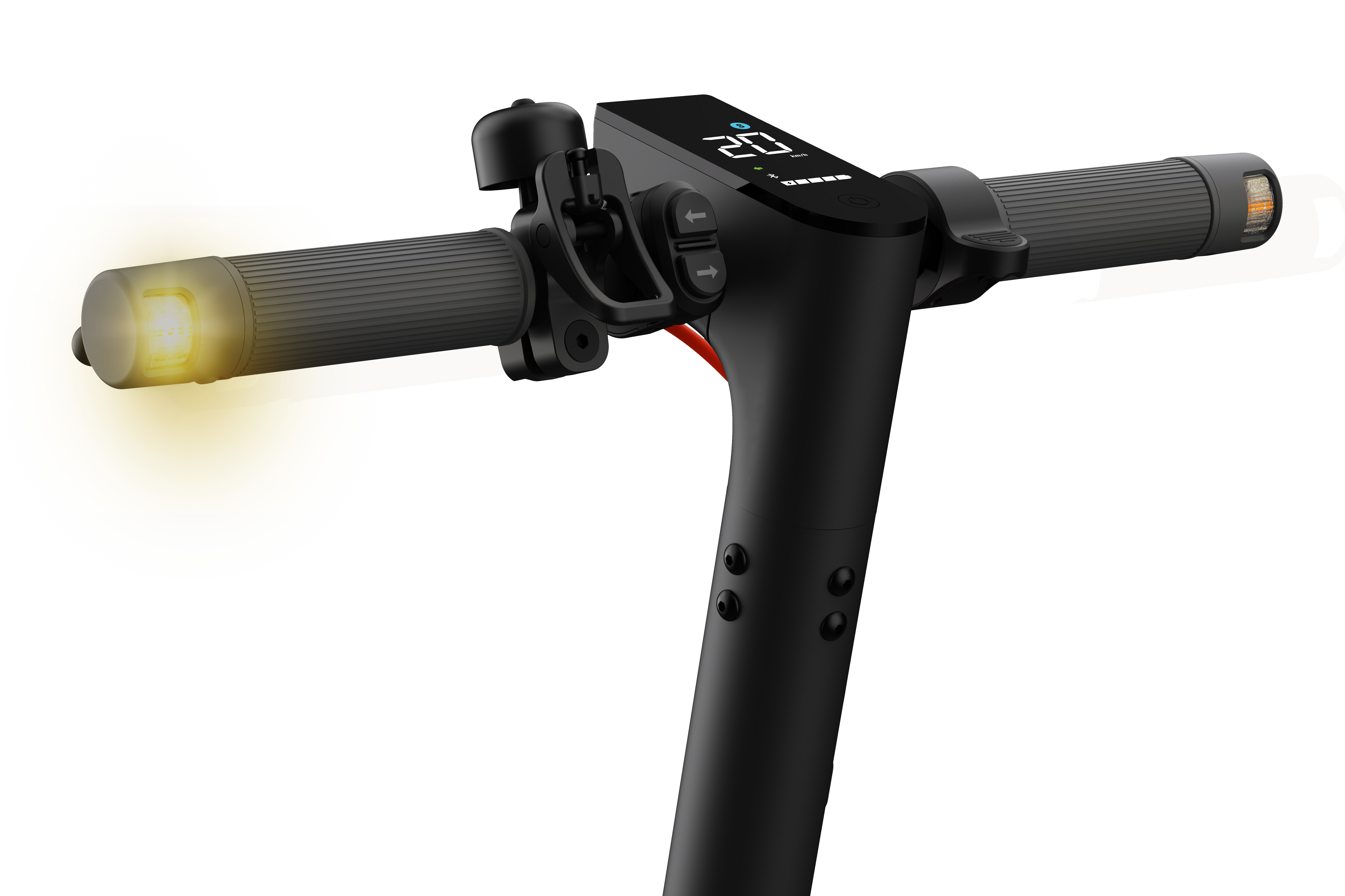 Nahaufnahme eines Rollerlenkers mit Licht und digitaler Anzeige.