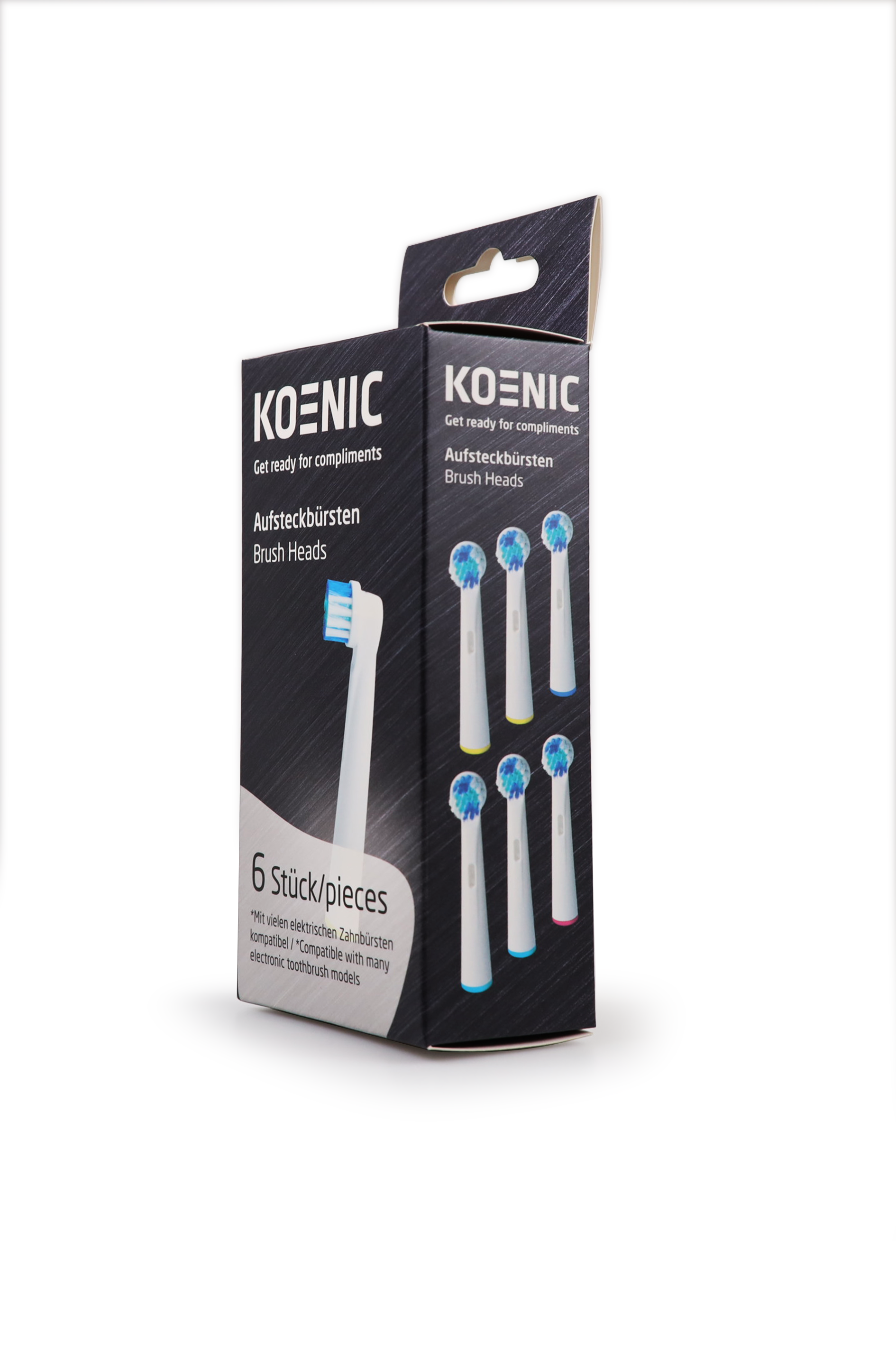 Pudełko z końcówkami do szczoteczki do zębów KOENIC. Wyświetlono sześć końcówek.
