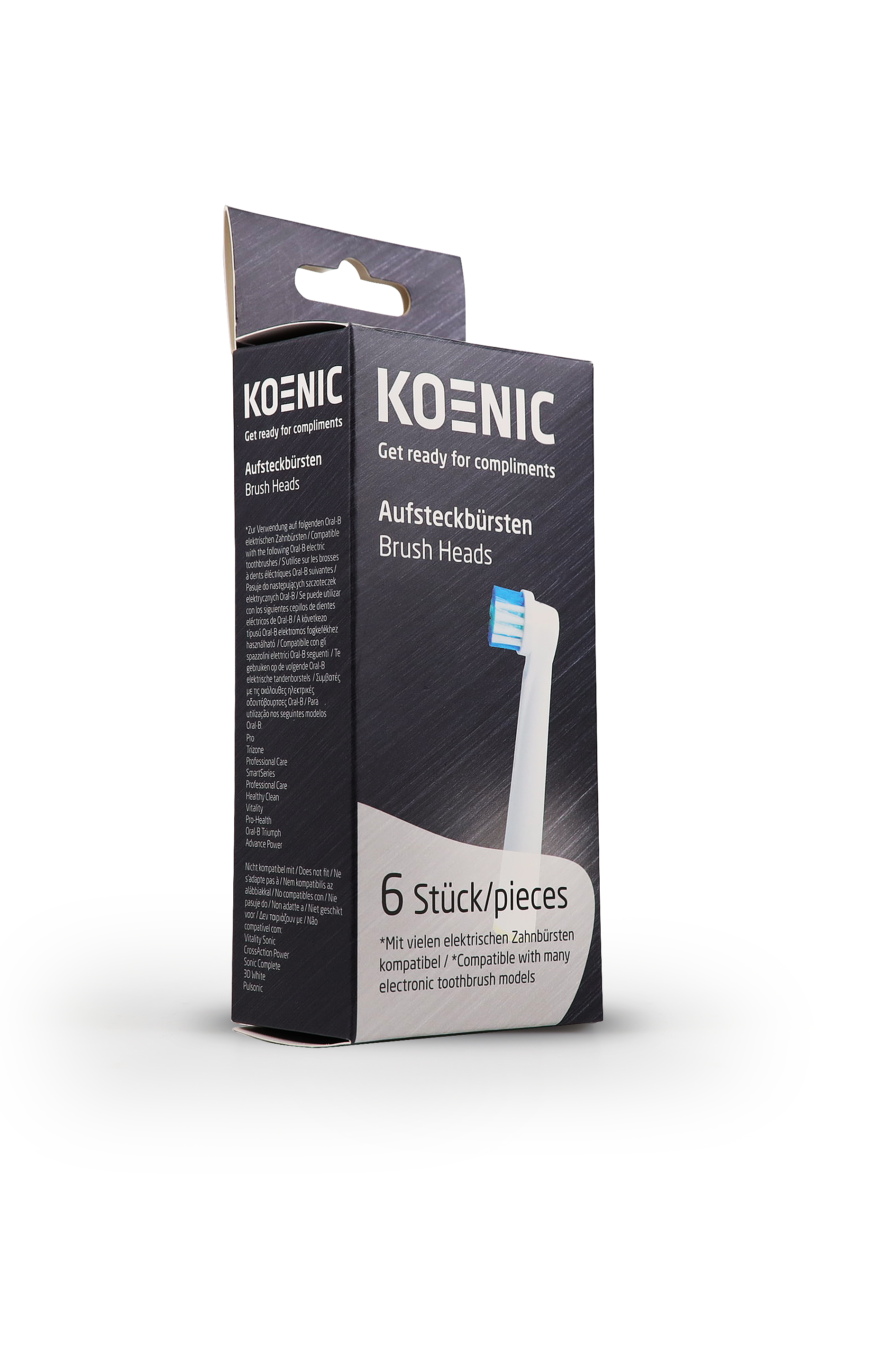 Pudełko z główkami szczoteczki Koenic. Zawiera nazwę marki i tekst w kilku językach.