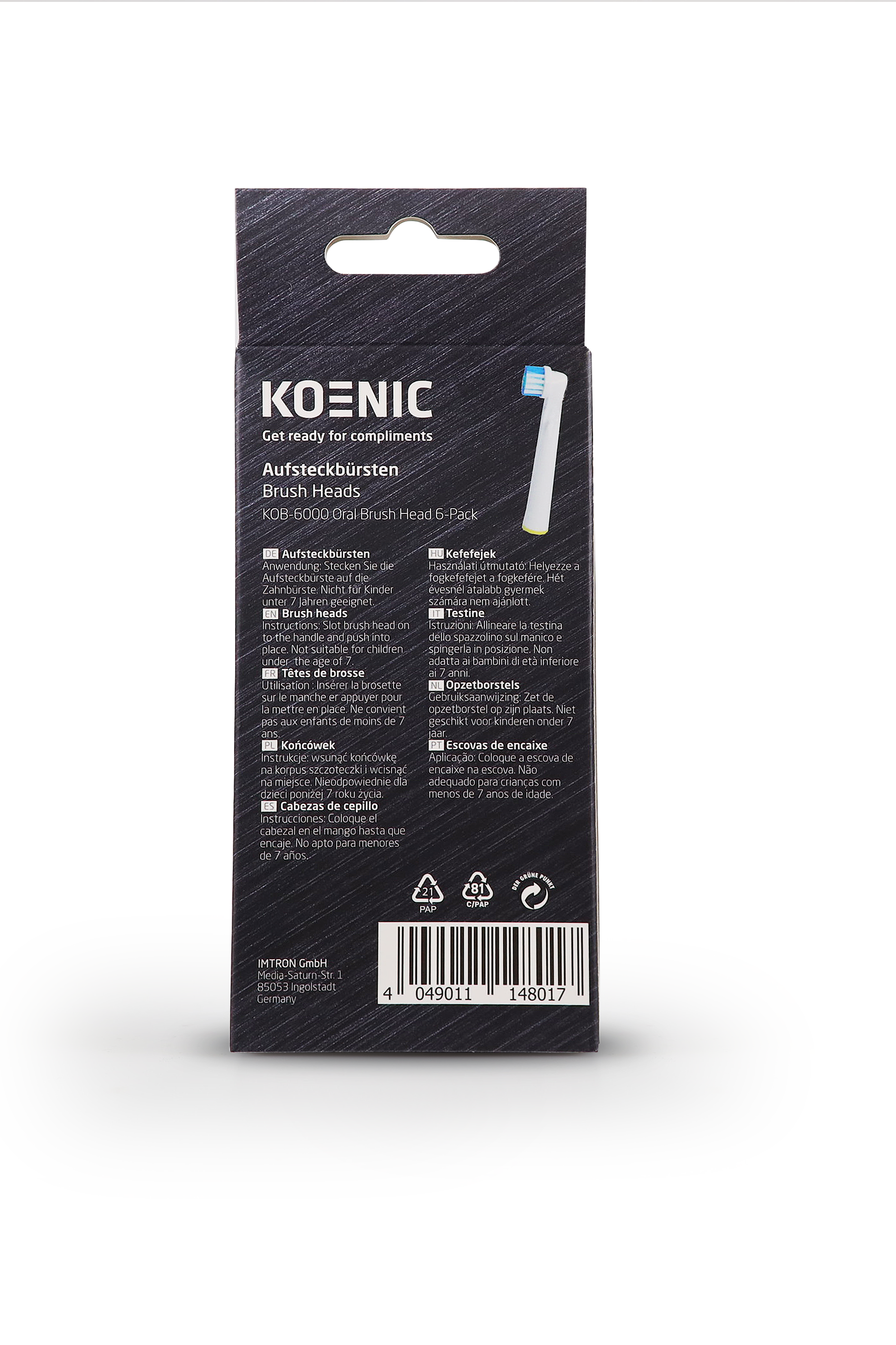 Opakowanie głowic szczoteczki. Czarno-białe z tekstem. Widoczna głowica.