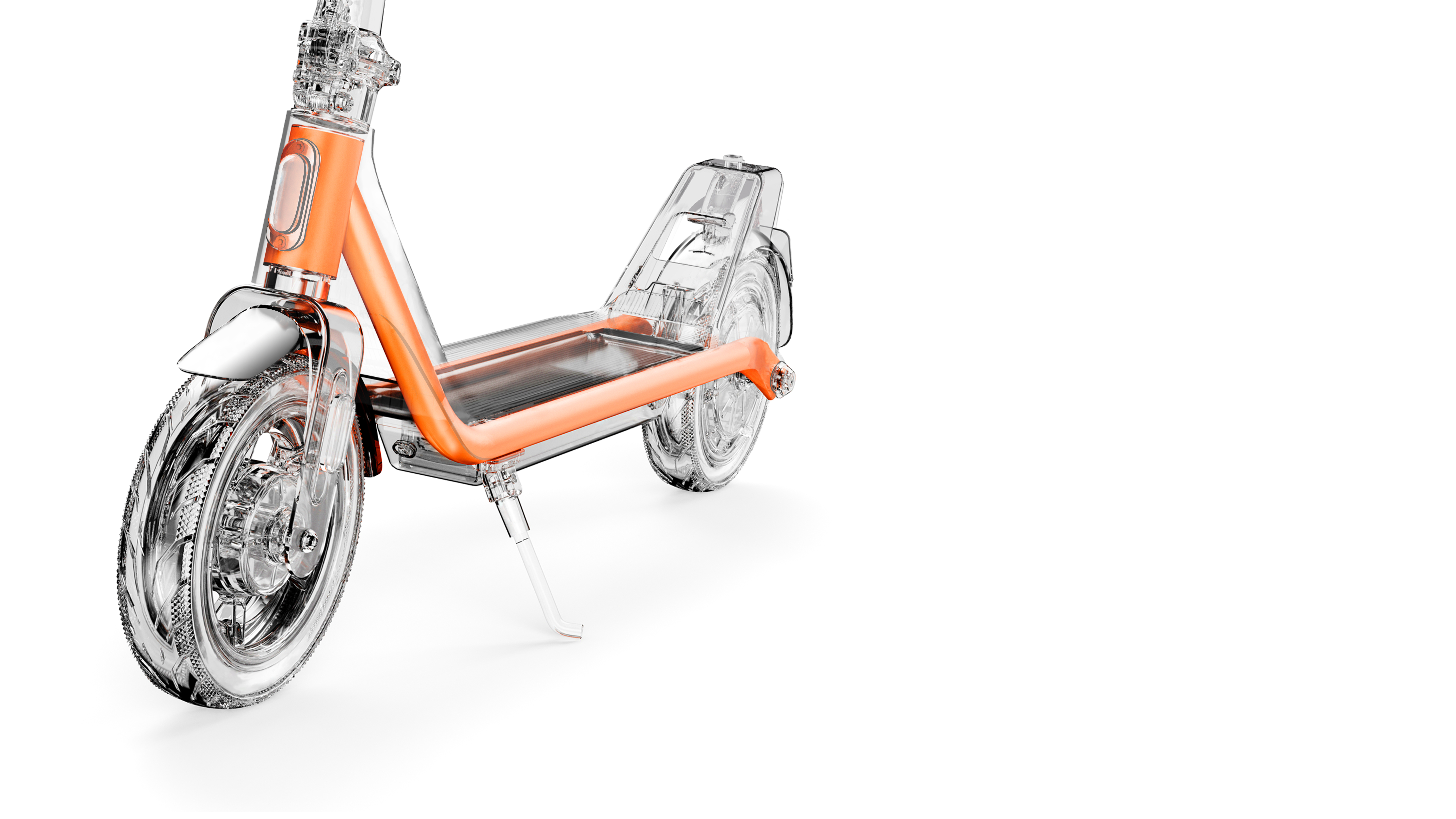 Transparenter Elektroroller mit orangefarbenen Akzenten auf weißem Hintergrund.