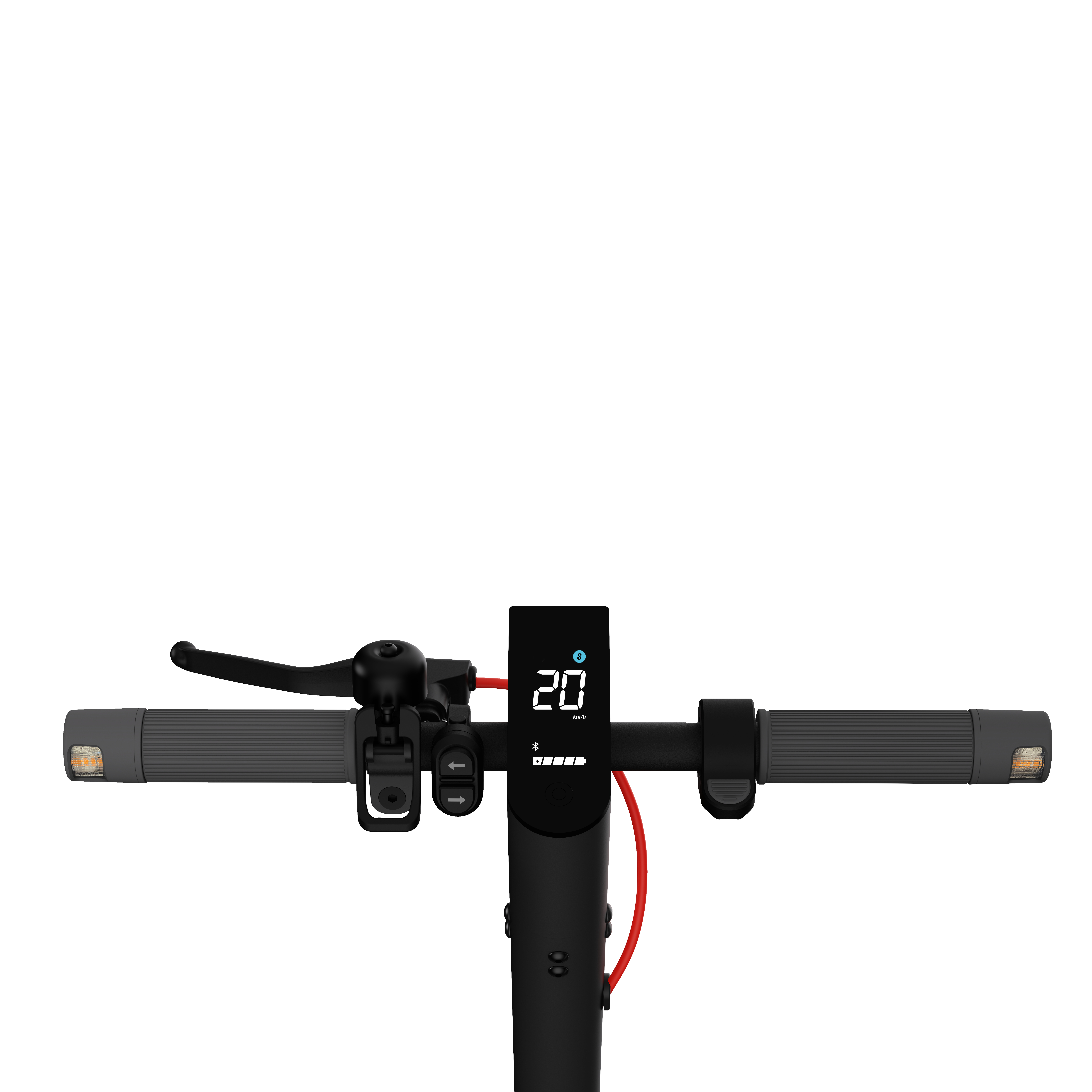 Nahaufnahme des E-Scooter-Lenkers mit Display, das die Geschwindigkeit 20 km/h zeigt.