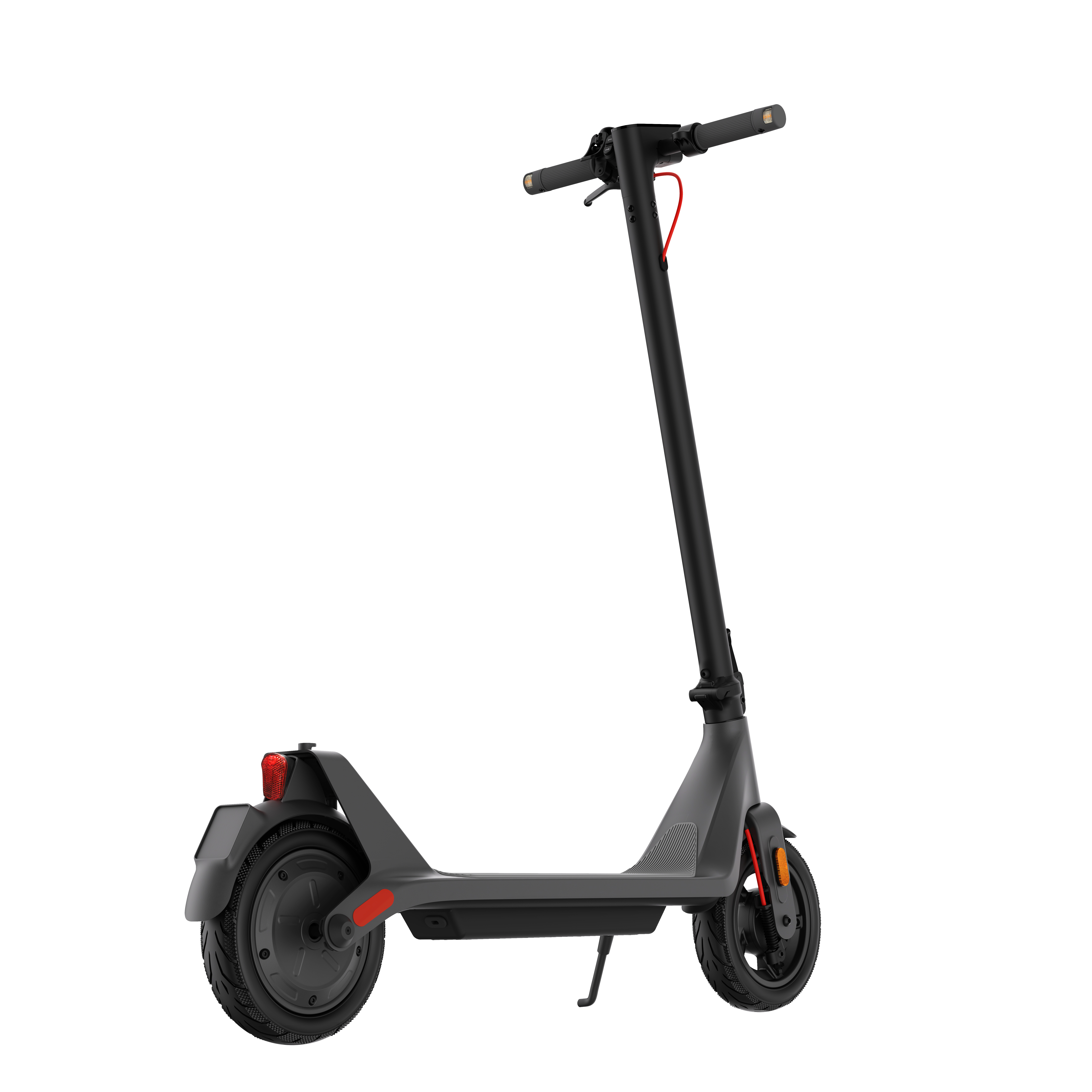 Grauer Elektroroller mit schwarzem Lenker. Rote Akzente und ein Ständer sind sichtbar.