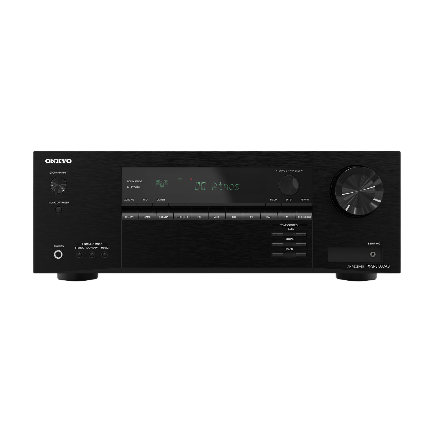 Zwarte audio-ontvanger met display en knoppen. De merknaam is Onkyo.