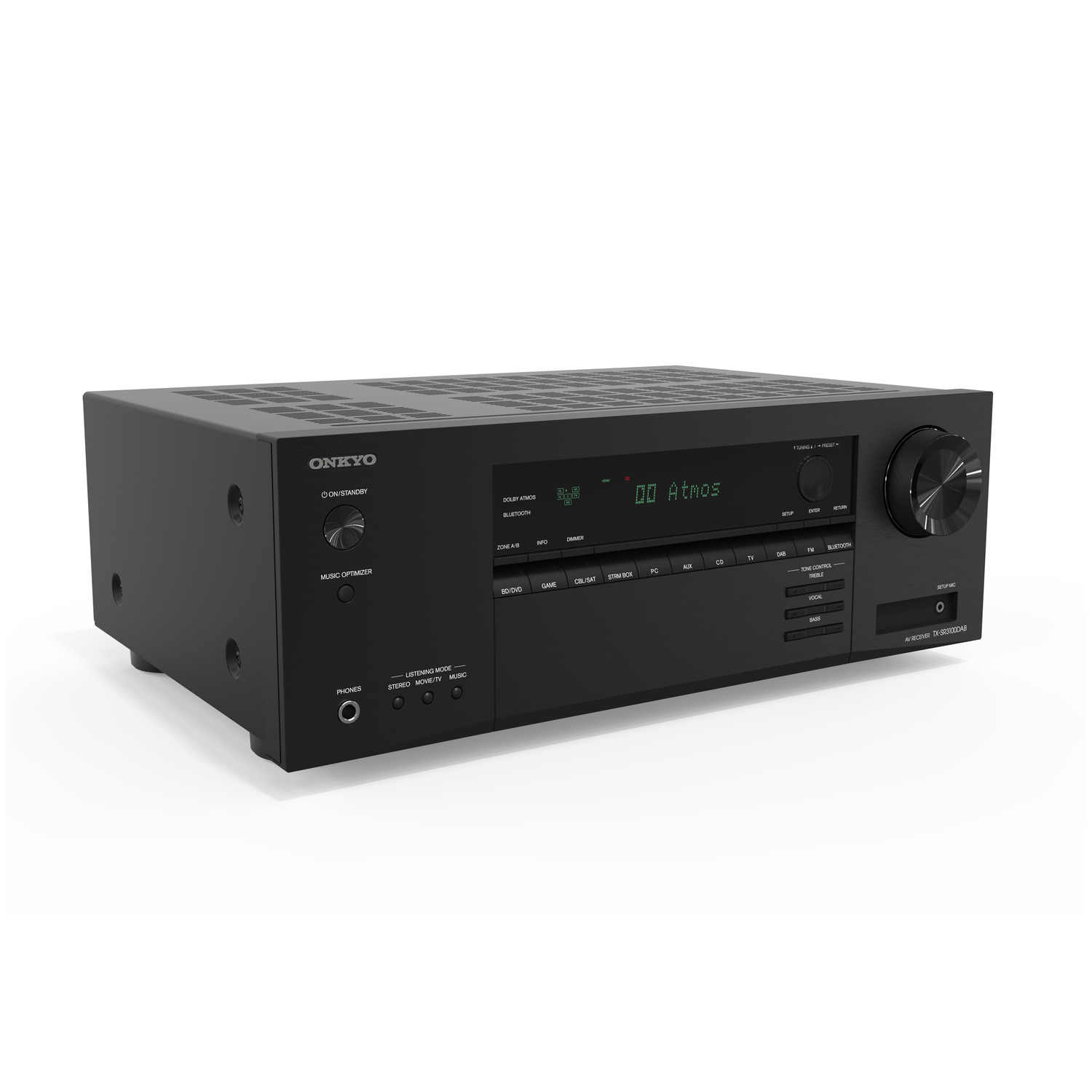 Zwarte Onkyo-ontvanger. Heeft knoppen, een display en een grote volumeknop. De achtergrond is wit.