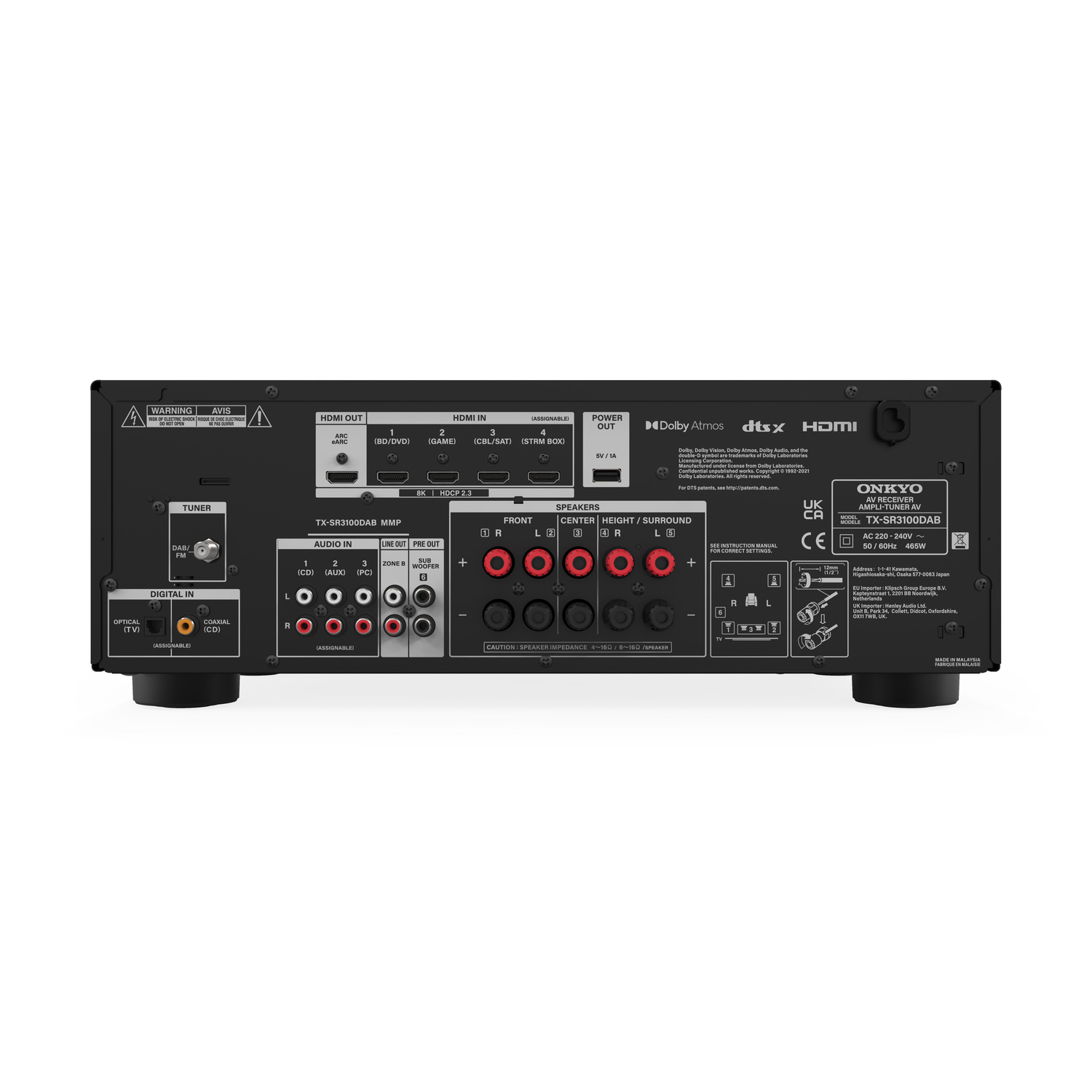 Achteraanzicht van een zwarte audio-ontvanger met meerdere in-/uitgangspoorten en knoppen.