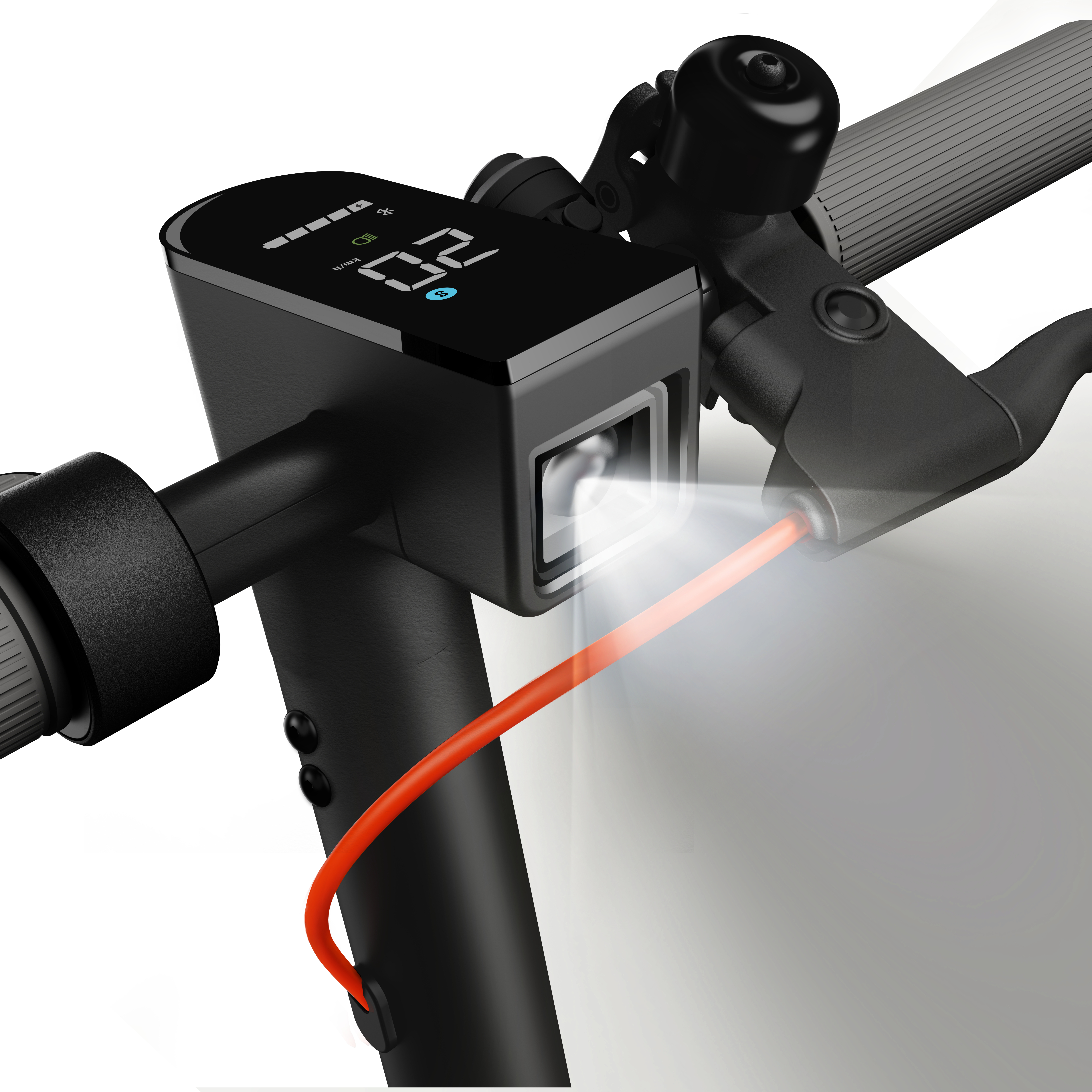 Nahaufnahme des Lenkers eines schwarzen Elektrorollers mit Display, Licht und Klingel.