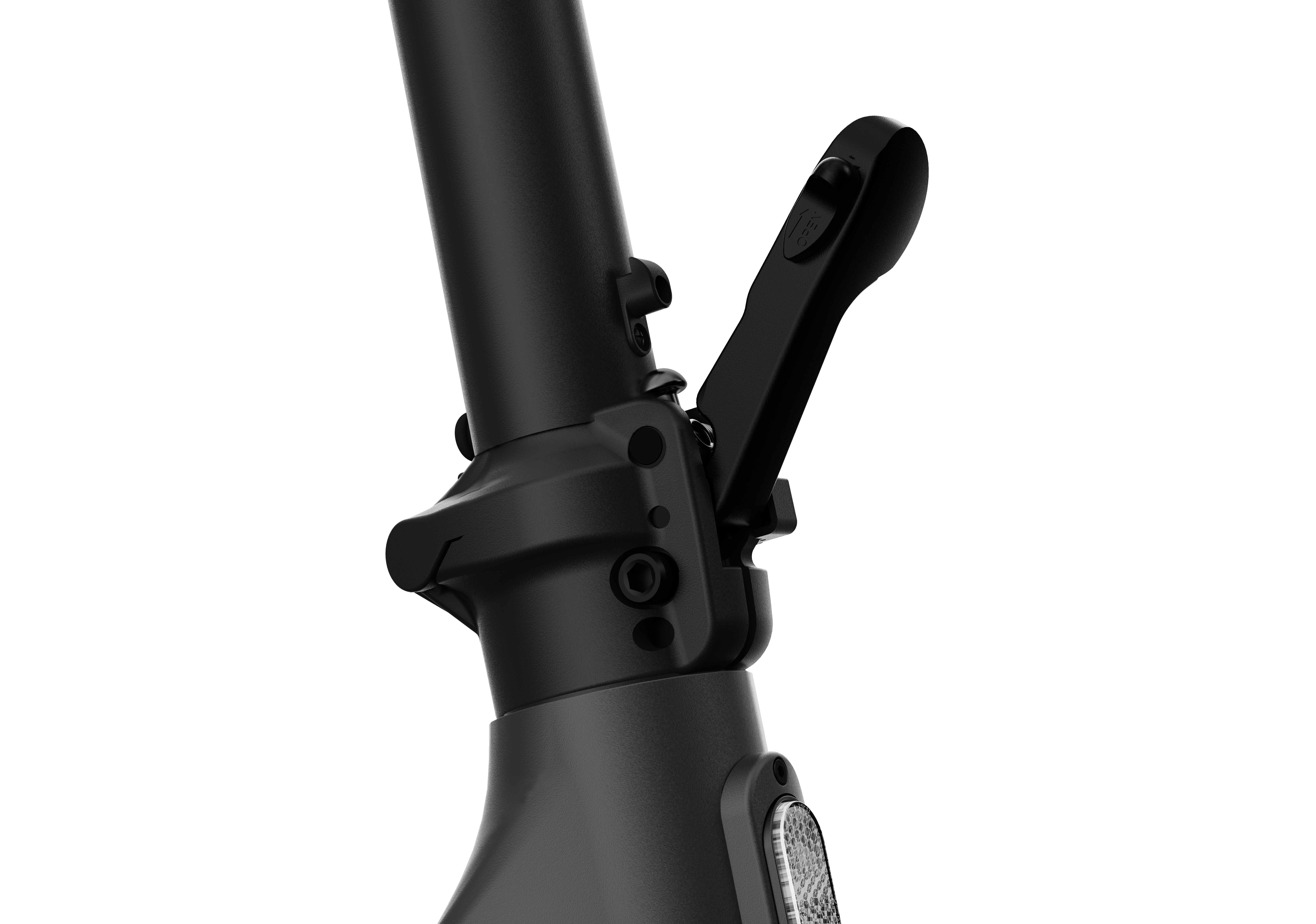 Nahaufnahme des Klappmechanismus am Lenker eines schwarzen Rollers.
