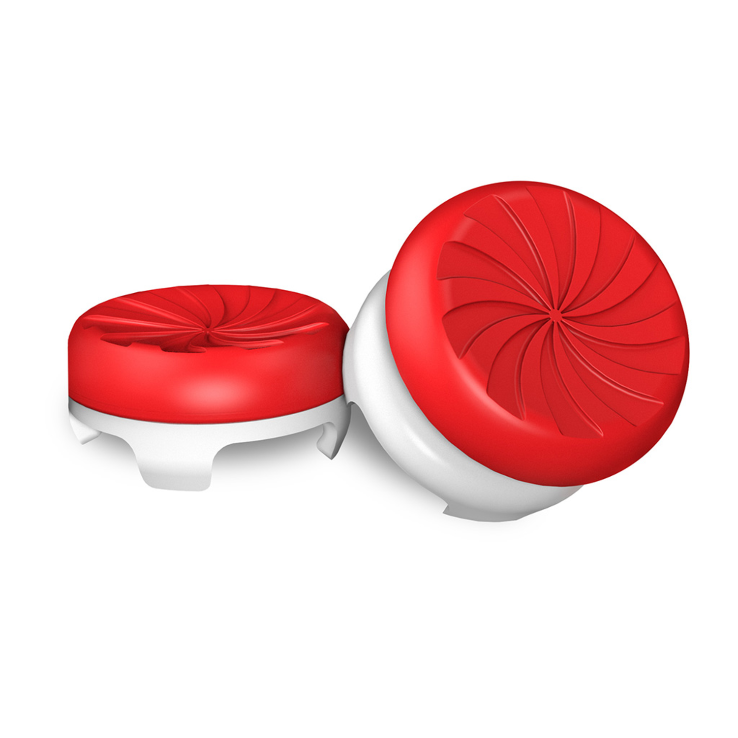 Two red and white controller thumb grips, one next to another on a white background.