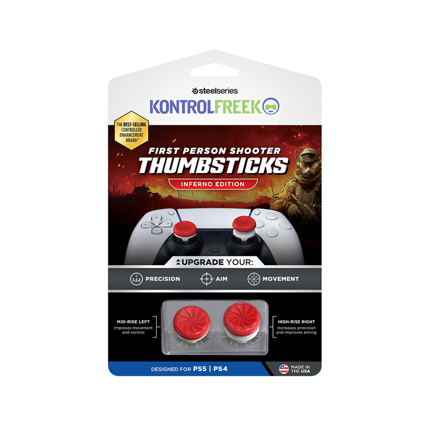 Package of KontrolFreek thumbsticks for PS5/PS4. Red sticks, white base. Text says 'FPS' and 'Inferno Edition'.