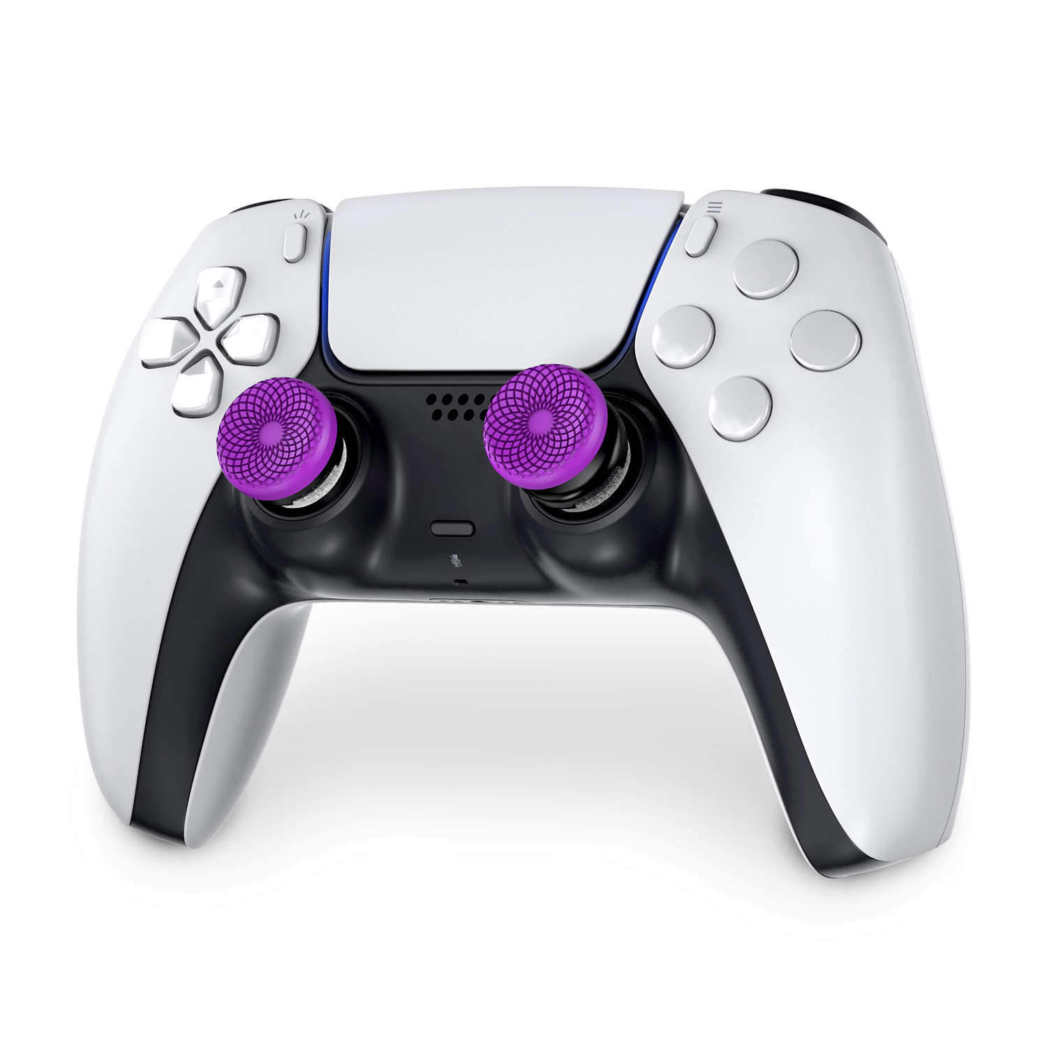 A white Playstation controller with purple thumb grips.