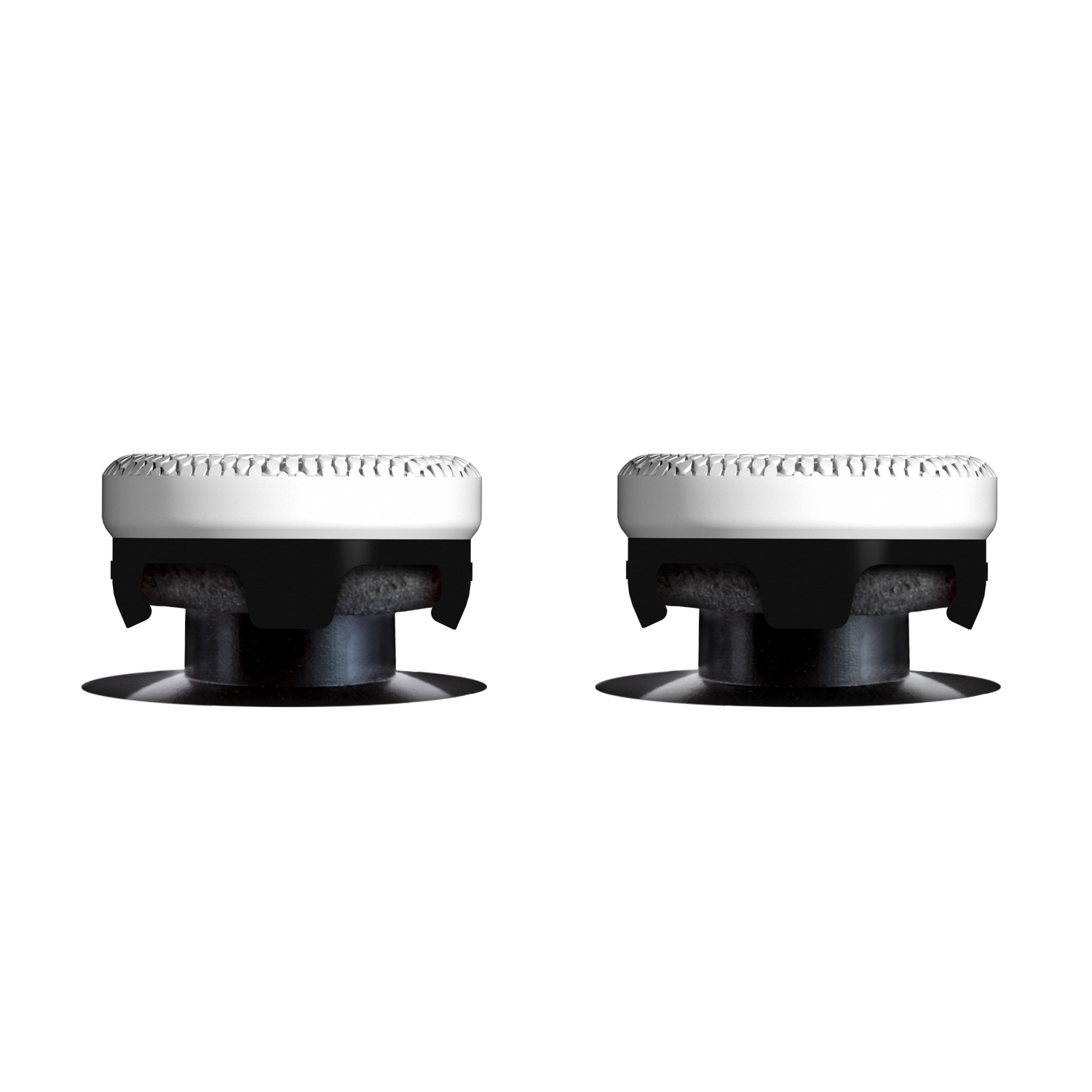 Two white and black game controller thumbstick attachments are side by side on a white background. The tops are textured.