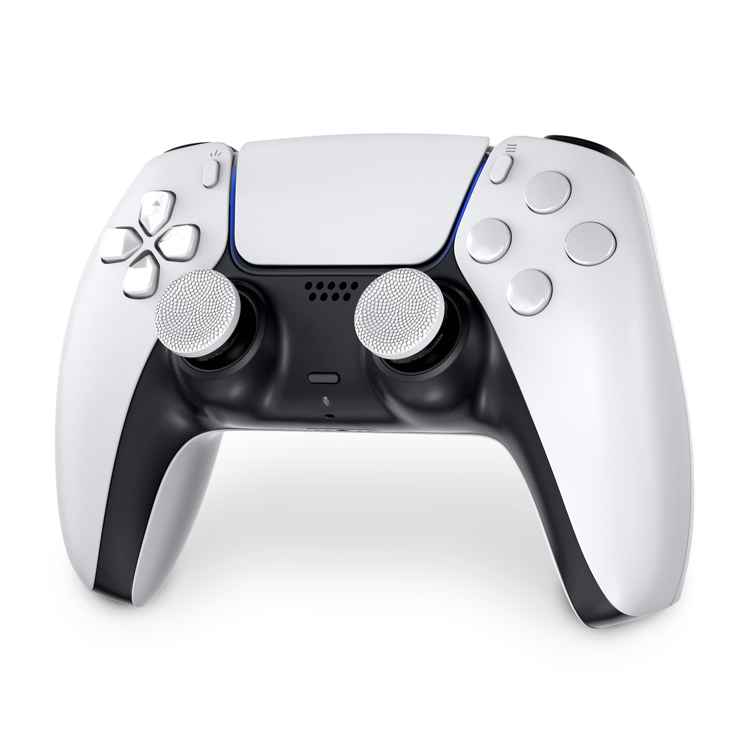 White and black PlayStation 5 controller with buttons and joysticks.