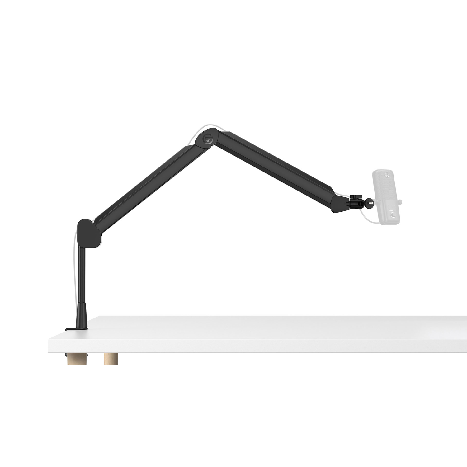 Black microphone arm on white desk. Adjustable, with microphone holder, white background.