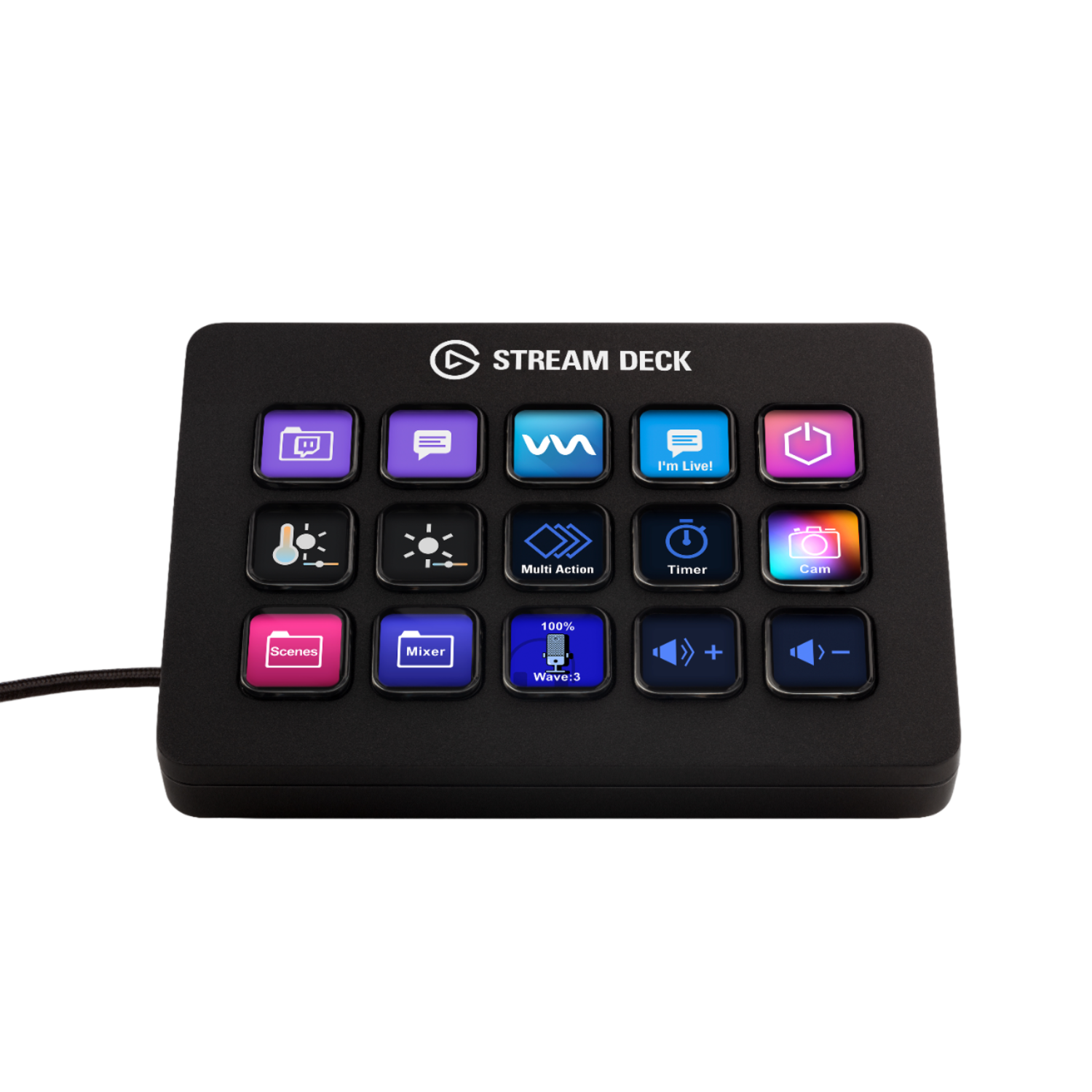 Elgato Stream Deck. Zwart bedieningspaneel met meerdere, kleurrijke, verlichte knoppen. Zwarte achtergrond.