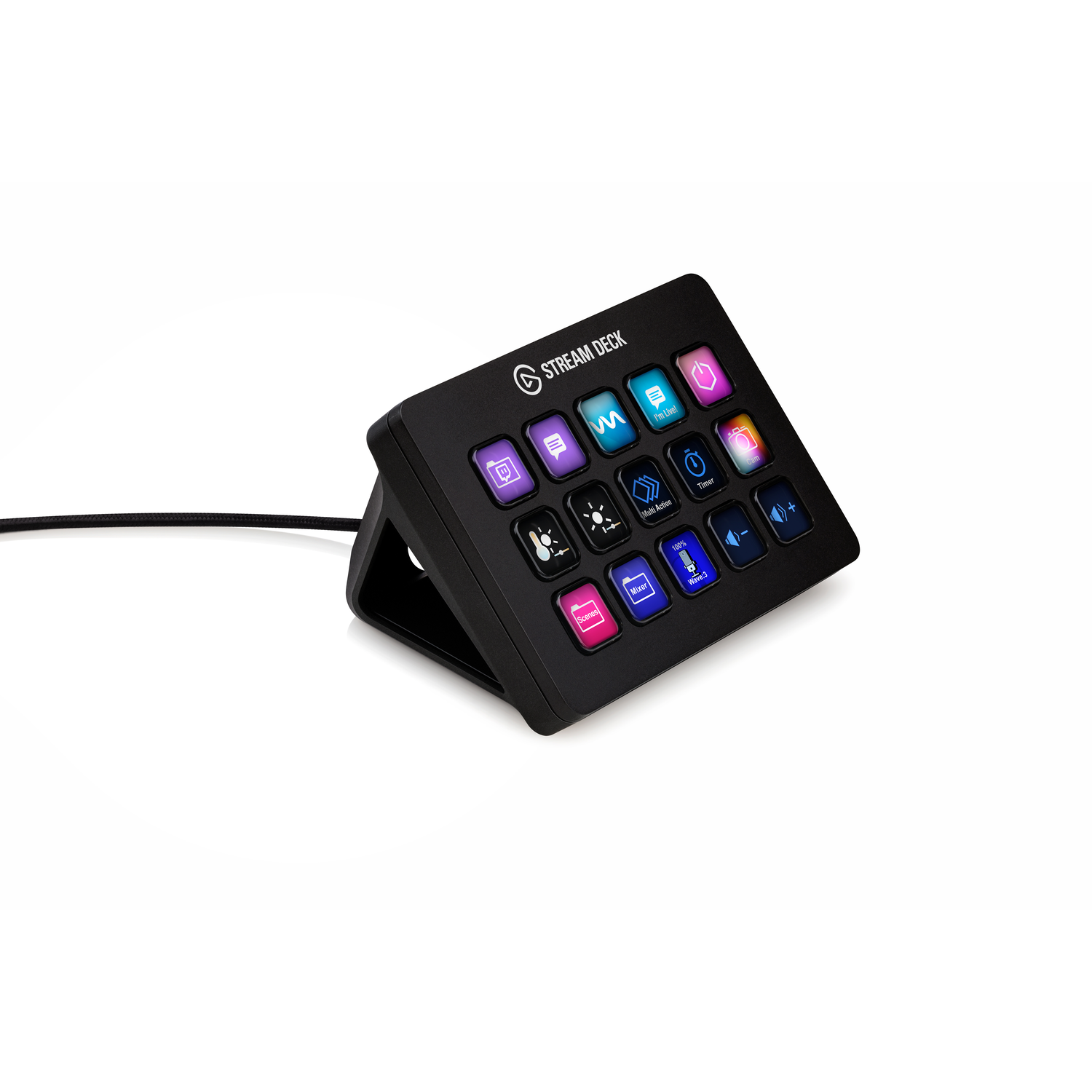 Zwarte Stream Deck-controller. Meerdere knoppen met pictogrammen. Schuine weergave op witte achtergrond.