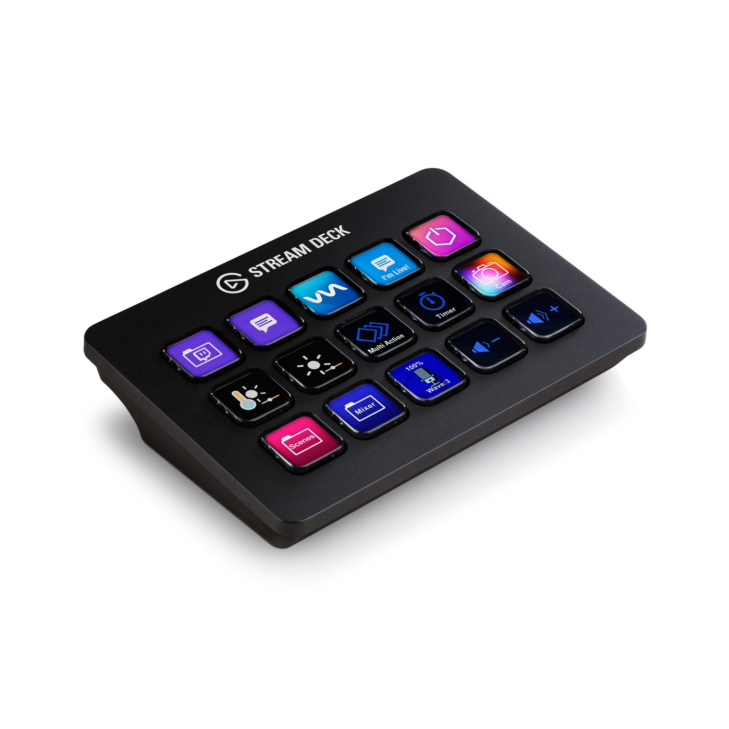 Stream Deck met meerdere knoppen, verschillende iconen, zwarte achtergrond.