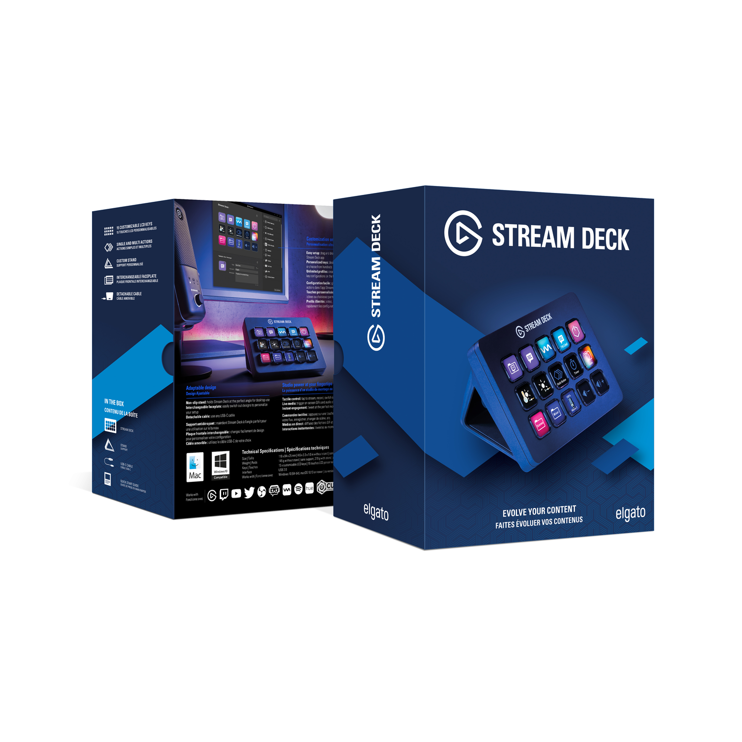 Stream Deck-doos met Stream Deck-apparaat op de cover.
