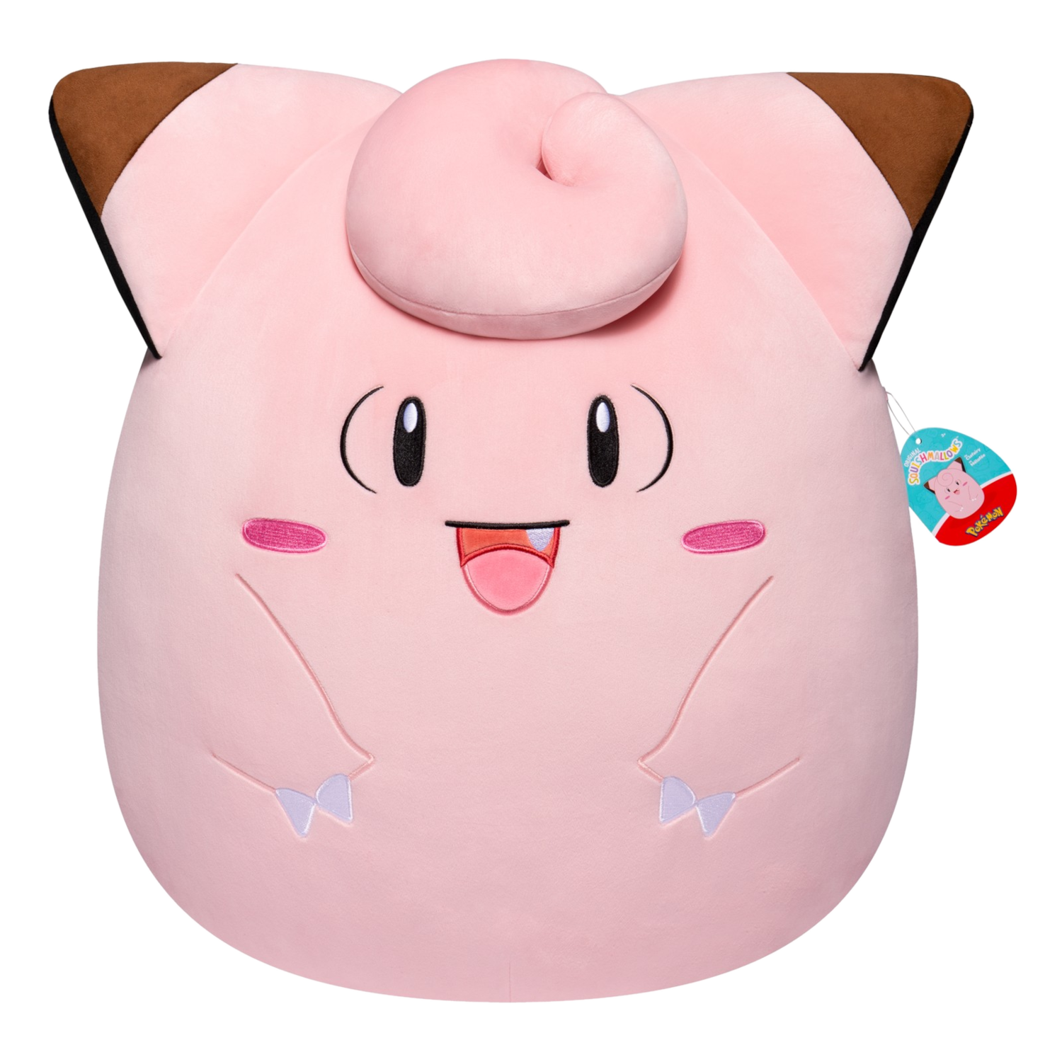 Peluche Clefairy rose avec un visage souriant et des oreilles marron. C'est un animal en peluche.