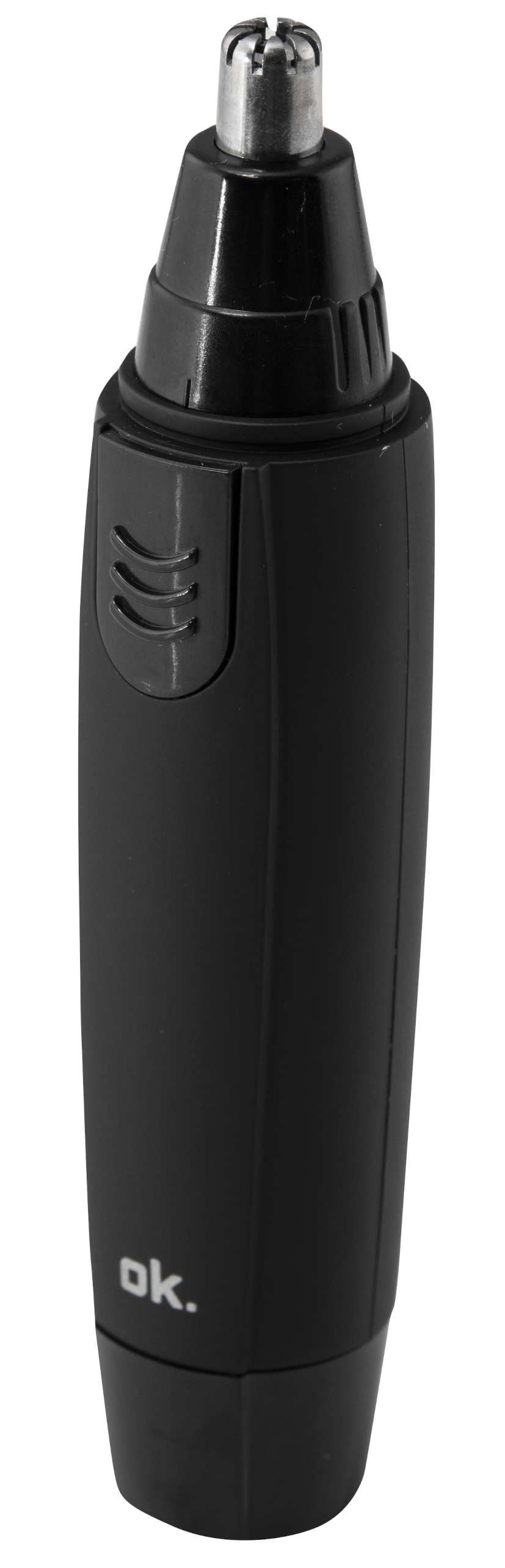 Czarny i srebrny trymer do włosów w nosie, ok. na dole.