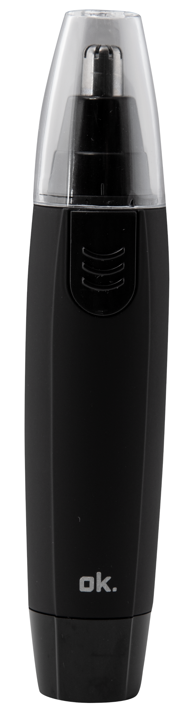Czarny trymer do włosów w nosie z przezroczystym plastikowym wierzchem. Marka 'ok.' jest wydrukowana na dole.