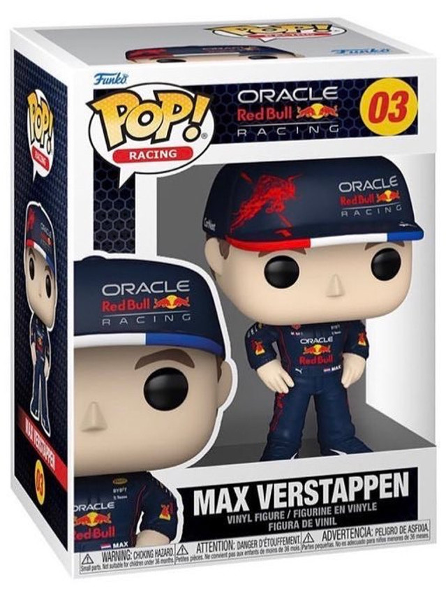 A Max Verstappen Funko Pop figure in a box with Oracle Red Bull Racing branding.