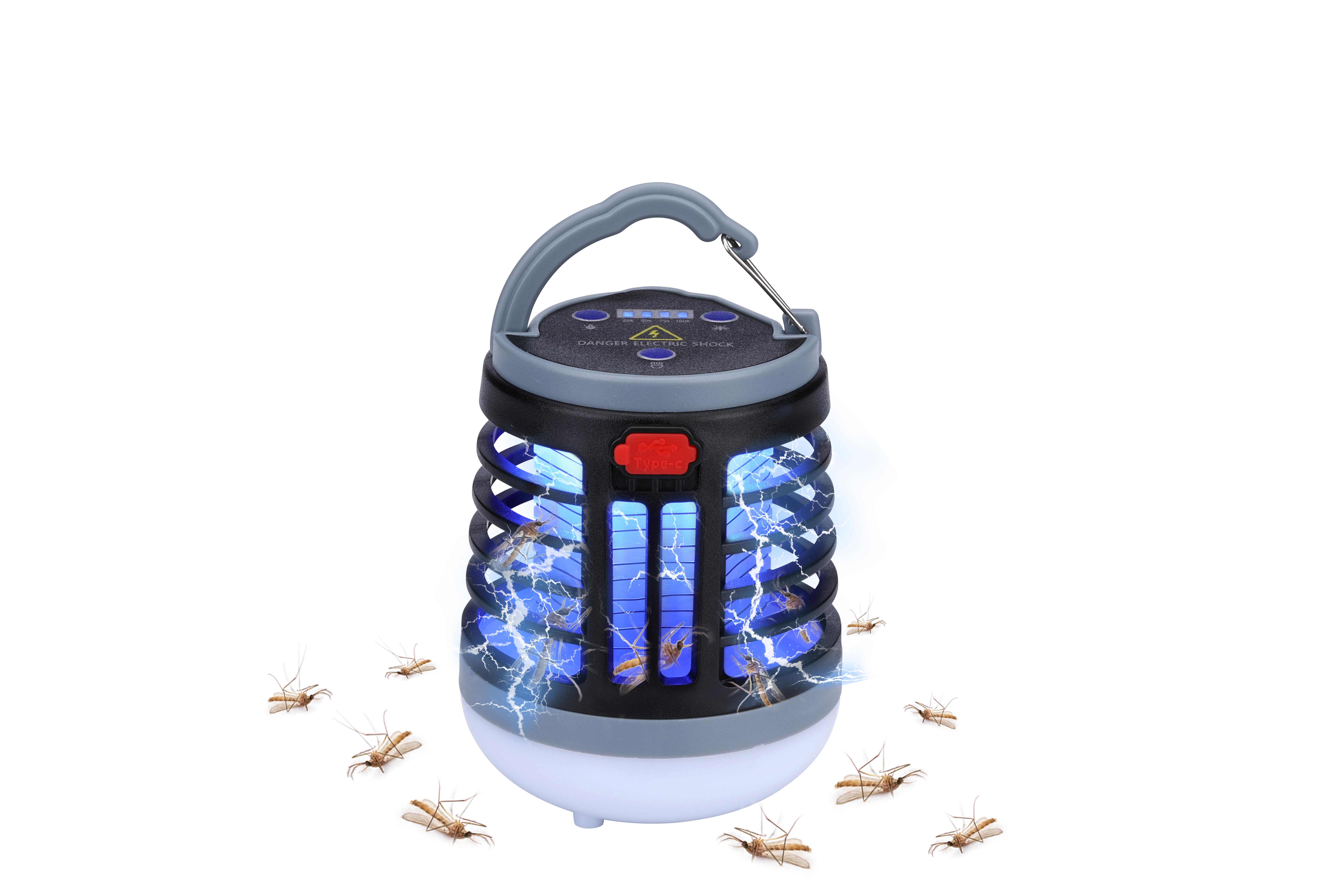 Una trampa para mosquitos con luz azul rodeada de mosquitos.