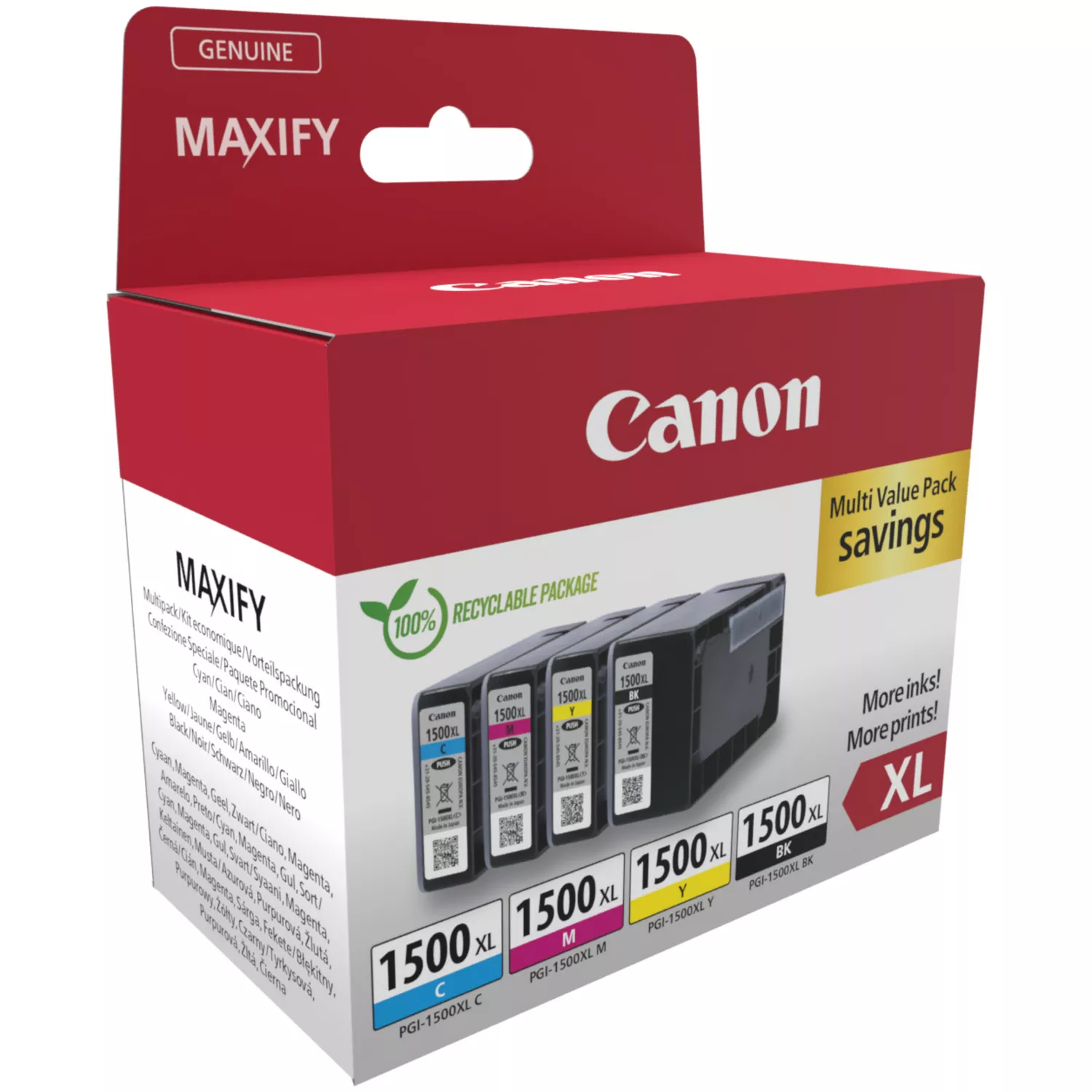 Una caja de cartuchos de tinta Canon MAXIFY con varios cartuchos de tinta de colores en su interior.
