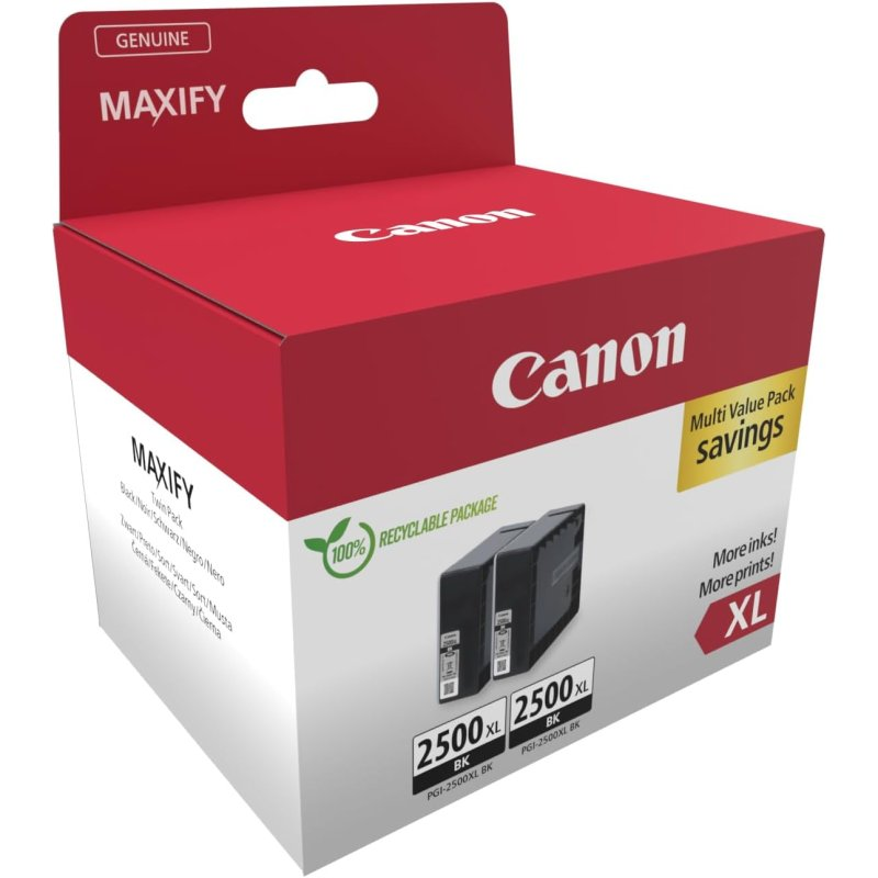 Cartuchos de tinta Canon MAXIFY en una caja roja y blanca, mostrando el producto y su embalaje.