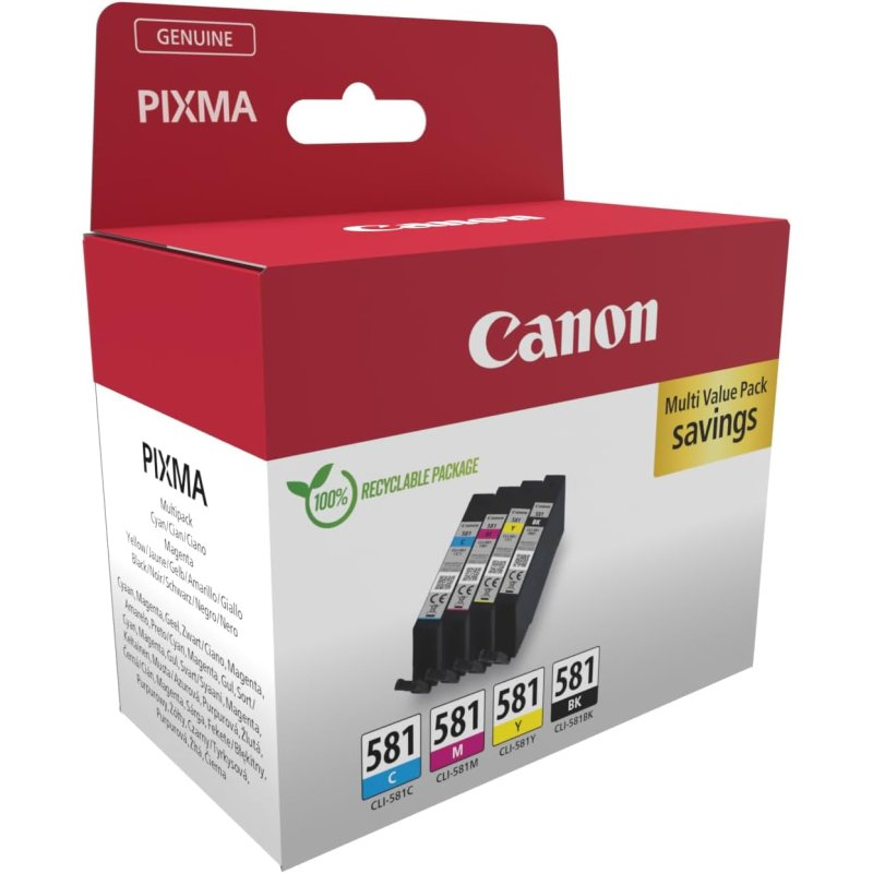Cartuchos de tinta Canon PIXMA en una caja, con una etiqueta de embalaje reciclable y texto.