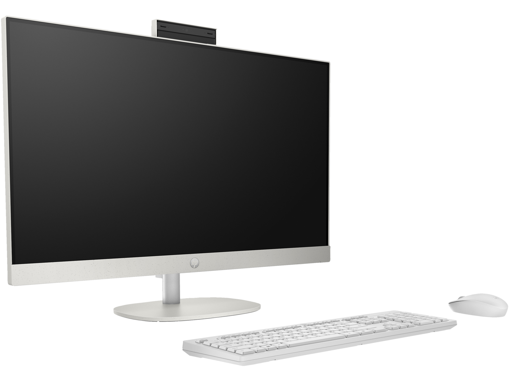 Un monitor de computadora, teclado y mouse blancos están sobre un escritorio sobre un fondo transparente.
