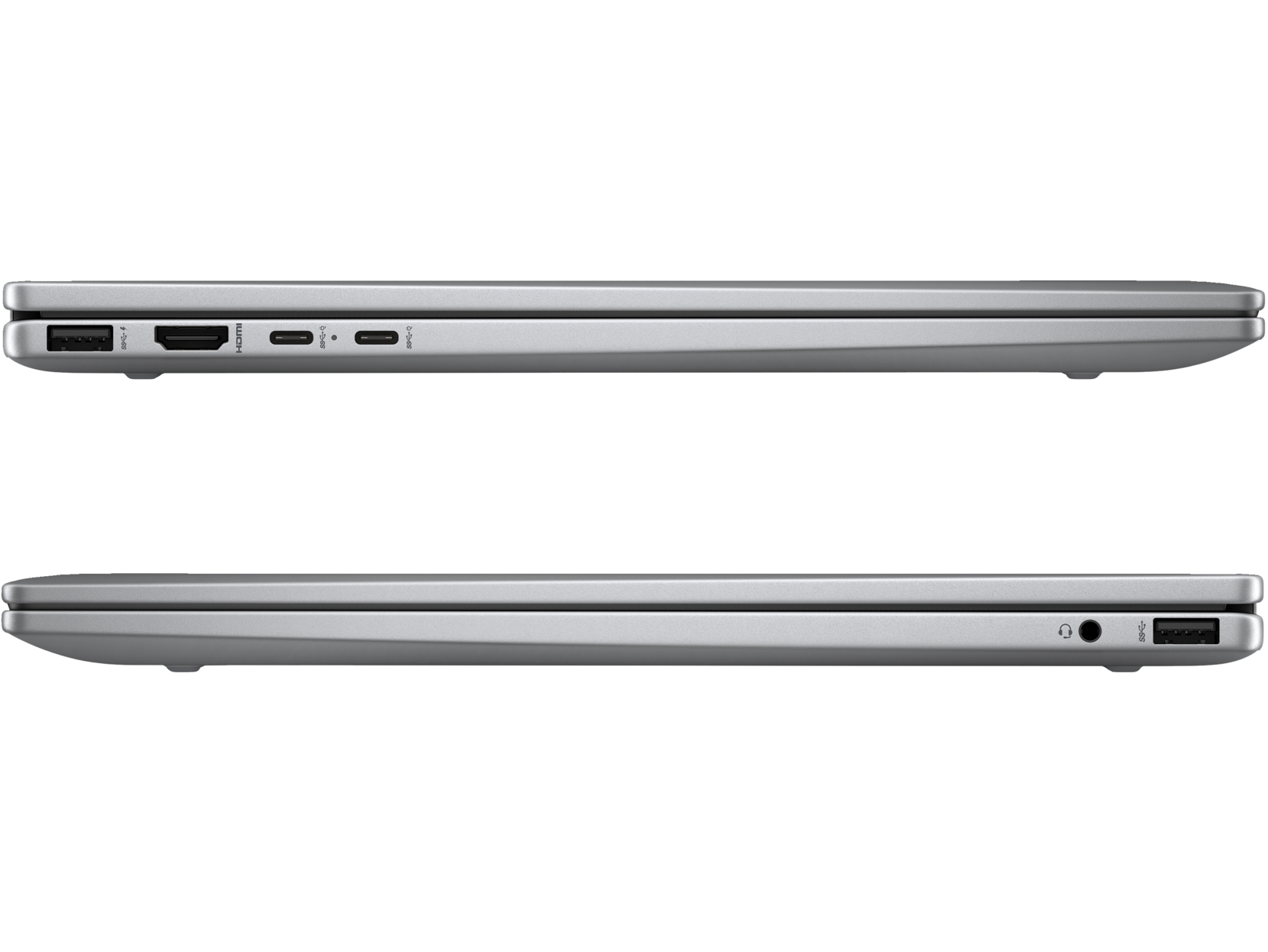 Dos vistas de una laptop plateada que muestran los puertos en los laterales: HDMI, USB-C, conector para auriculares y más.
