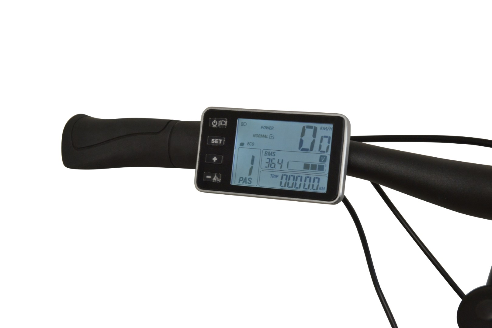 Wyświetlacz roweru elektrycznego pokazujący prędkość i inne parametry. Czarna kierownica z wyświetlaczem.