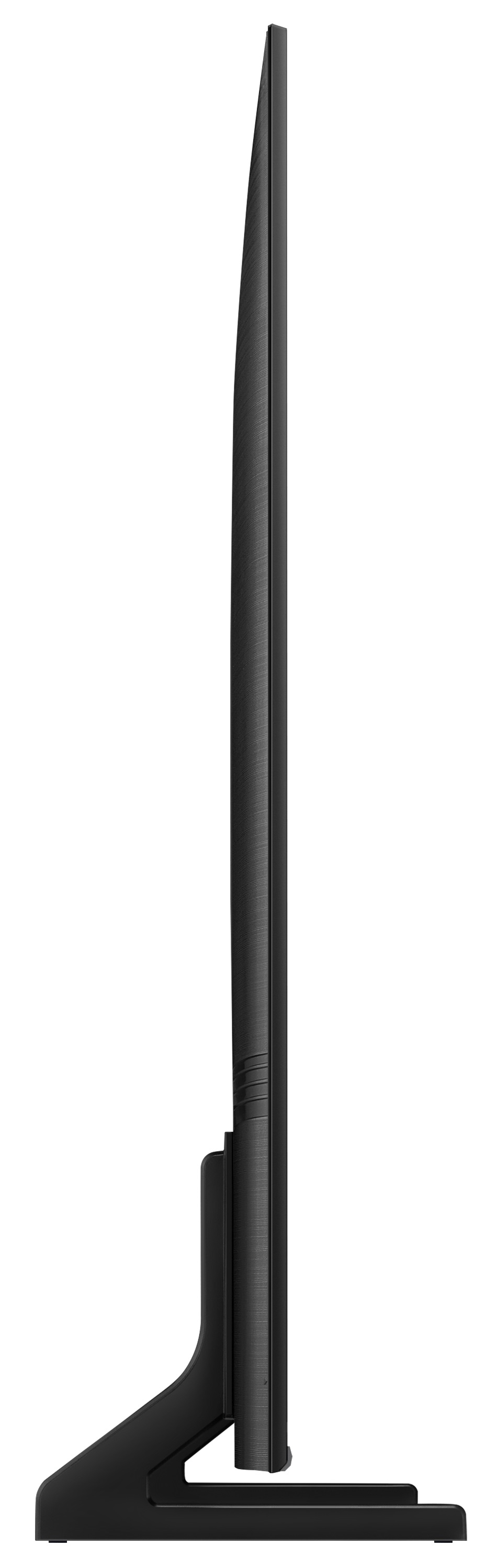 Czarny telewizor z boku, smukły design na białym tle.