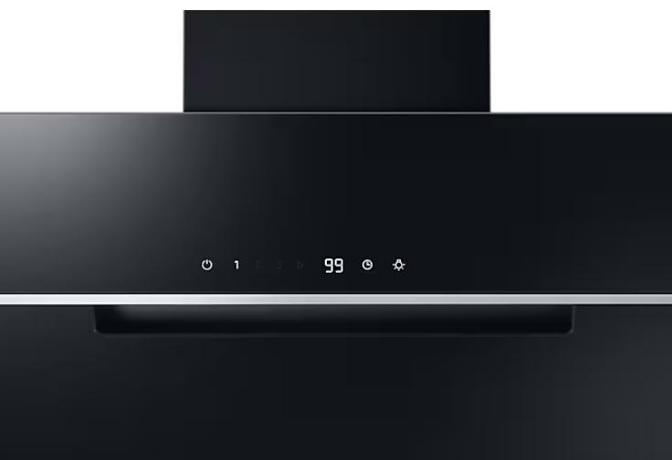 Czarny okap z cyfrowym wyświetlaczem pokazującym liczby i symbole.