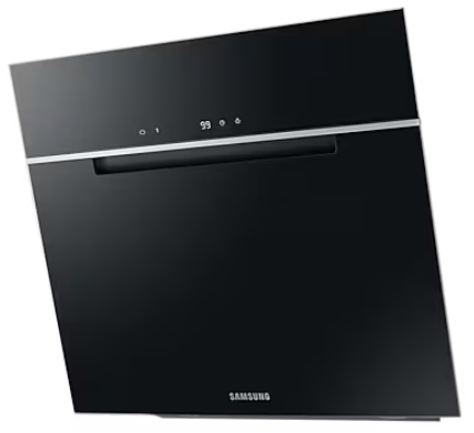 Czarny okap Samsung, widok pod kątem. Wyświetla podświetlany panel sterowania.