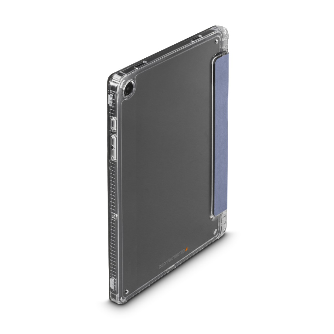Ein Tablet in einer transparenten Schutzhülle mit blauem Cover steht schräg auf einer weißen Oberfläche. Das Gehäuse ist transparent.