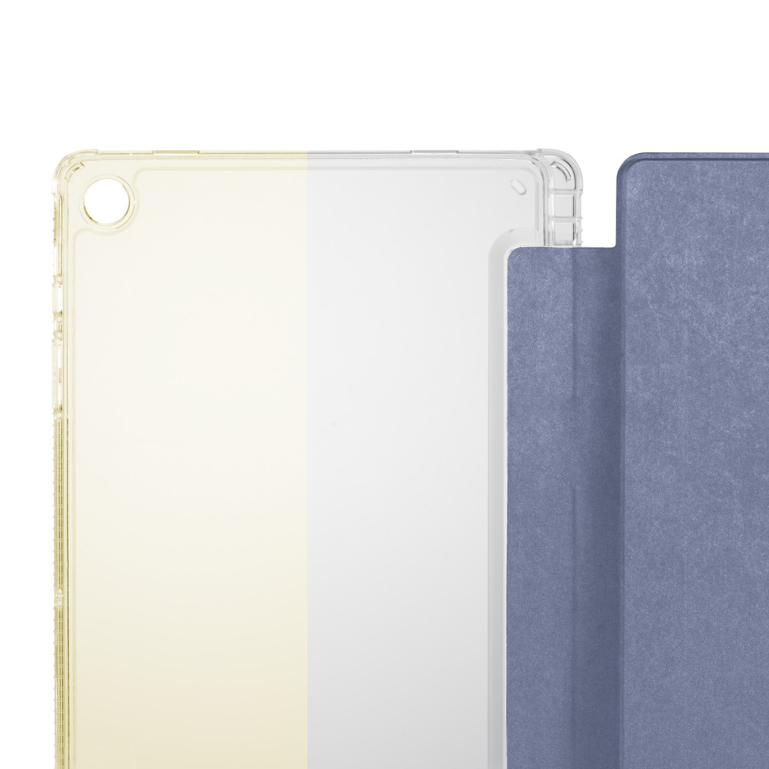 Eine Tablet-Hülle, teilweise transparent, mit blauem Cover. Die linke Seite ist gelb, rechts weiß.