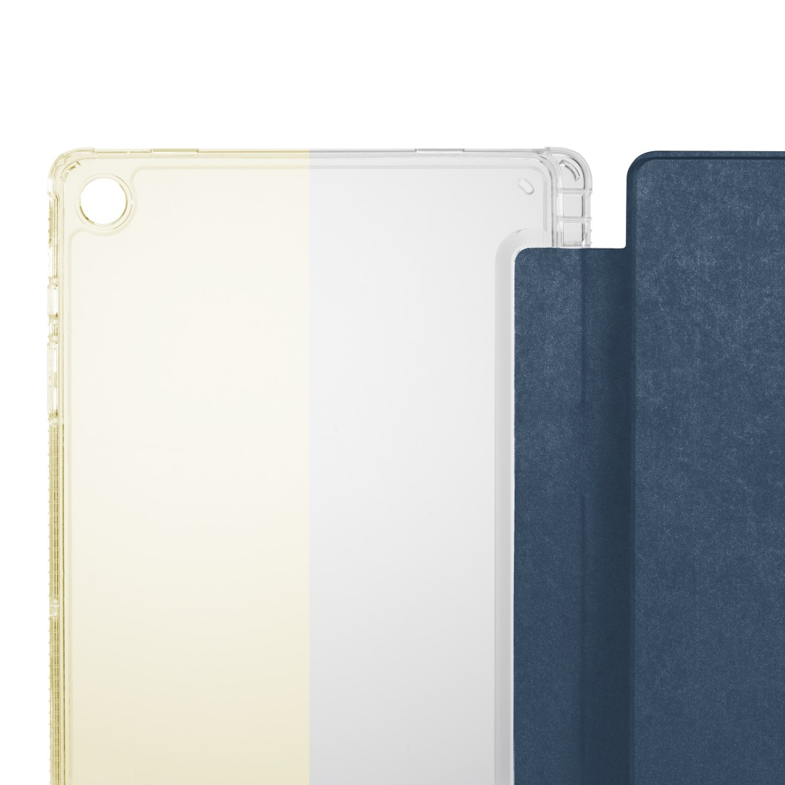 Eine transparente Schutzhülle für ein Tablet mit blauem Deckel. Der Tablet-Bildschirm ist sichtbar, die Hülle ist teilweise geöffnet.