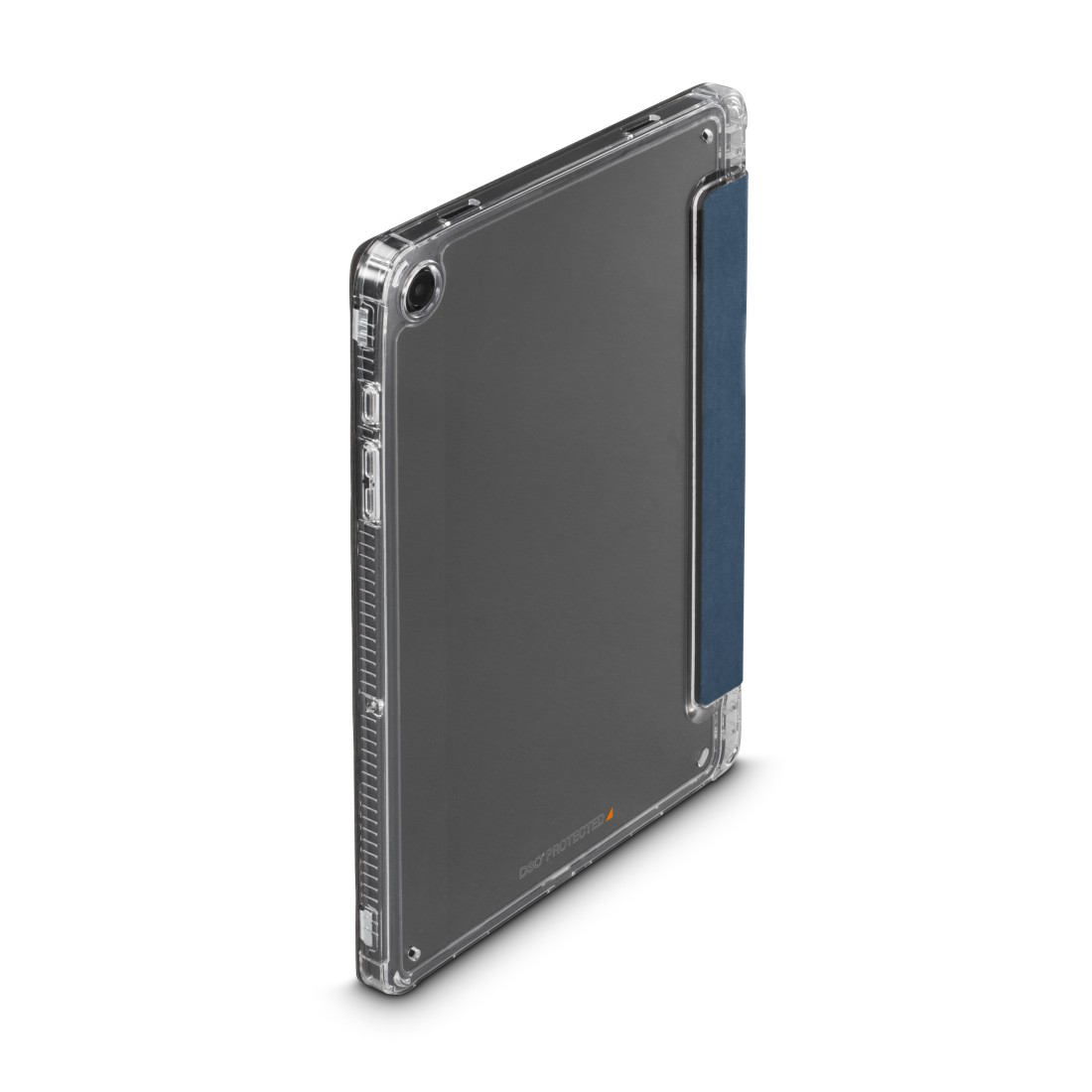 Eine transparente Tablethülle mit blauem Cover ist auf einer weißen Oberfläche schräg gestellt. Die Hülle hat eine transparente Rückseite.