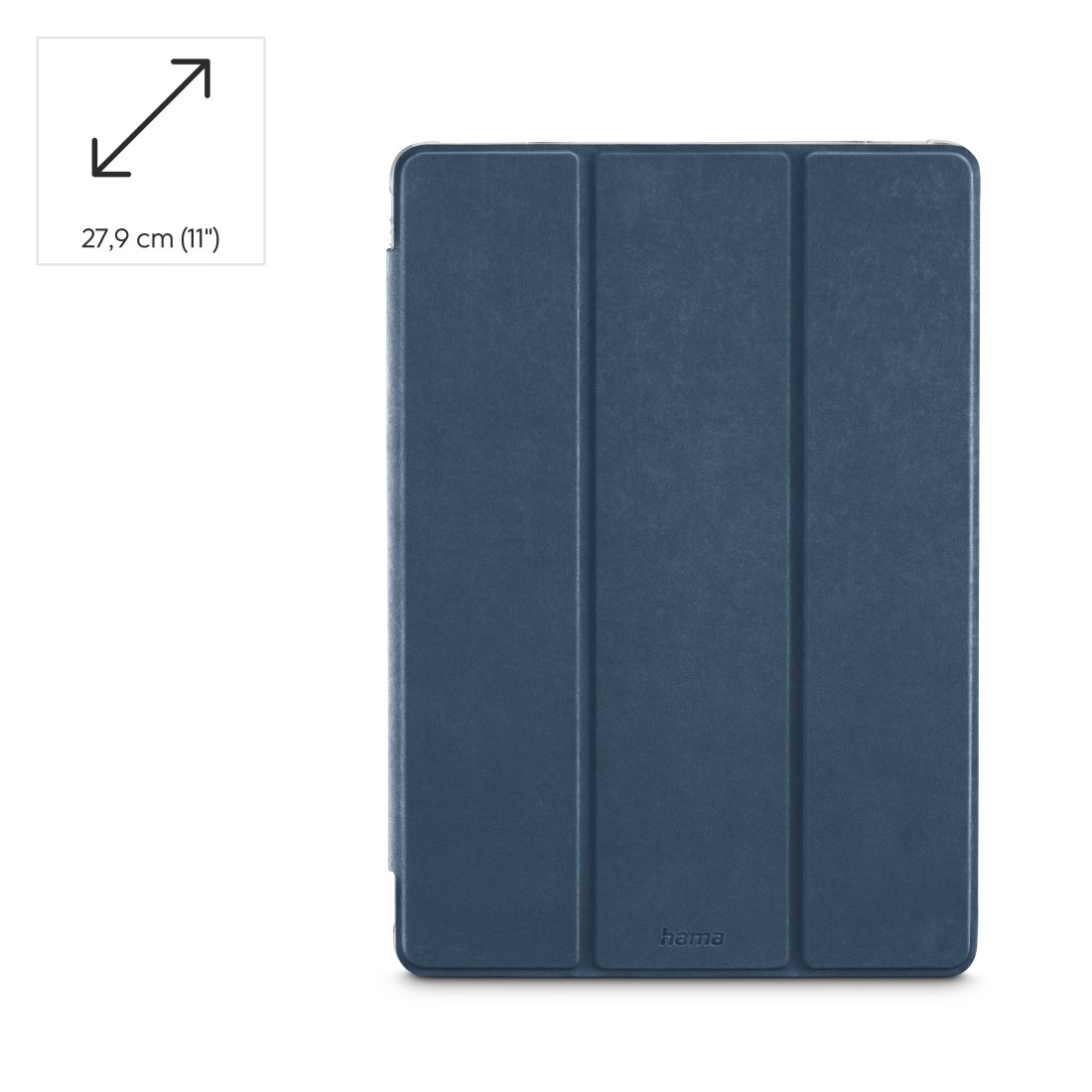 Eine blaue Tablet-Hülle mit strukturierter Oberfläche, in drei Abschnitte gefaltet. Eine Messgrafik ist vorhanden, sowie der Markenname 'hama'.